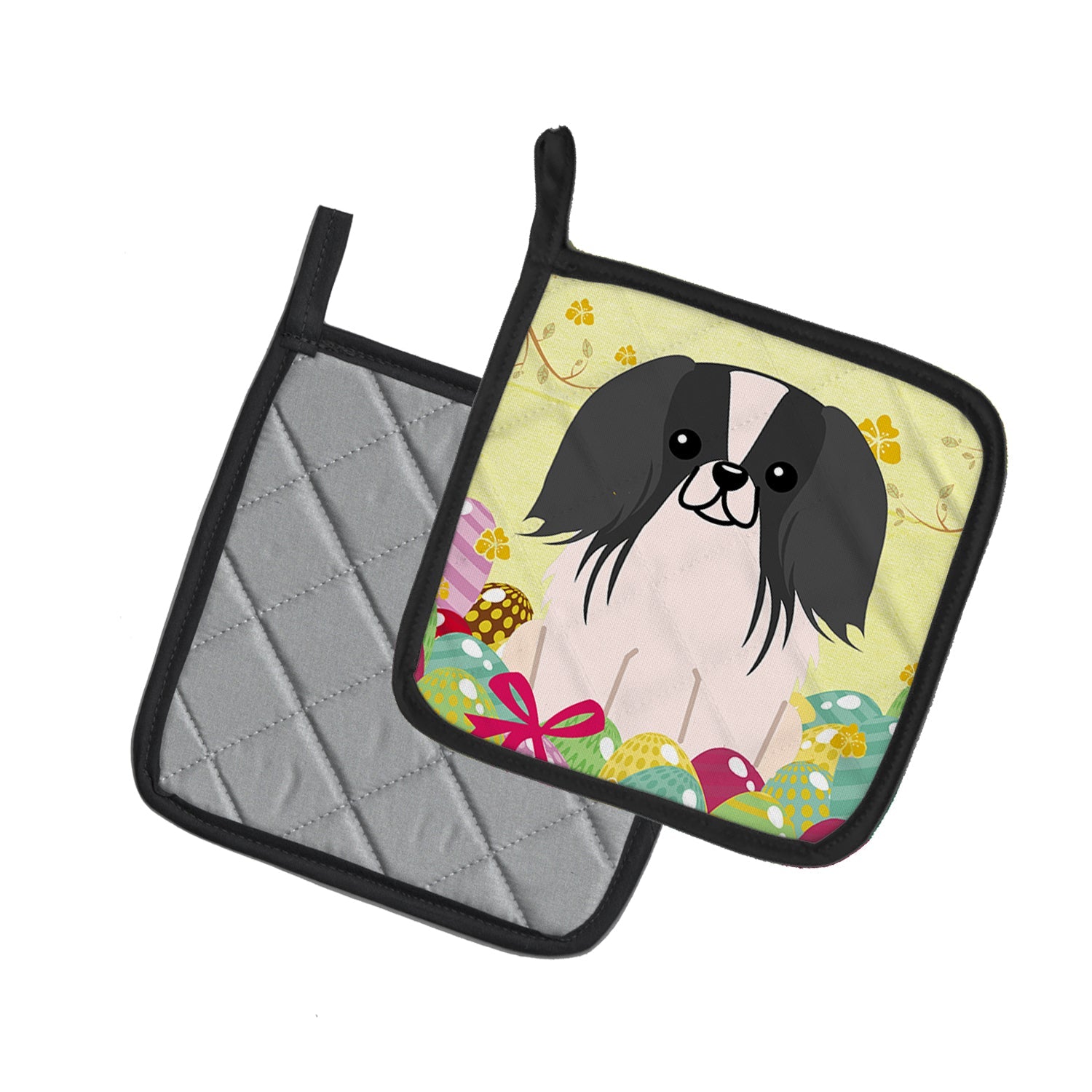 Easter Eggs Pekingese Black White Pot Holder Set of 2 Heat Resistant Quilted Hot Pads 7.5 x 7.5 Inch, Insulated Kitchen Trivets for Cooking & Baking