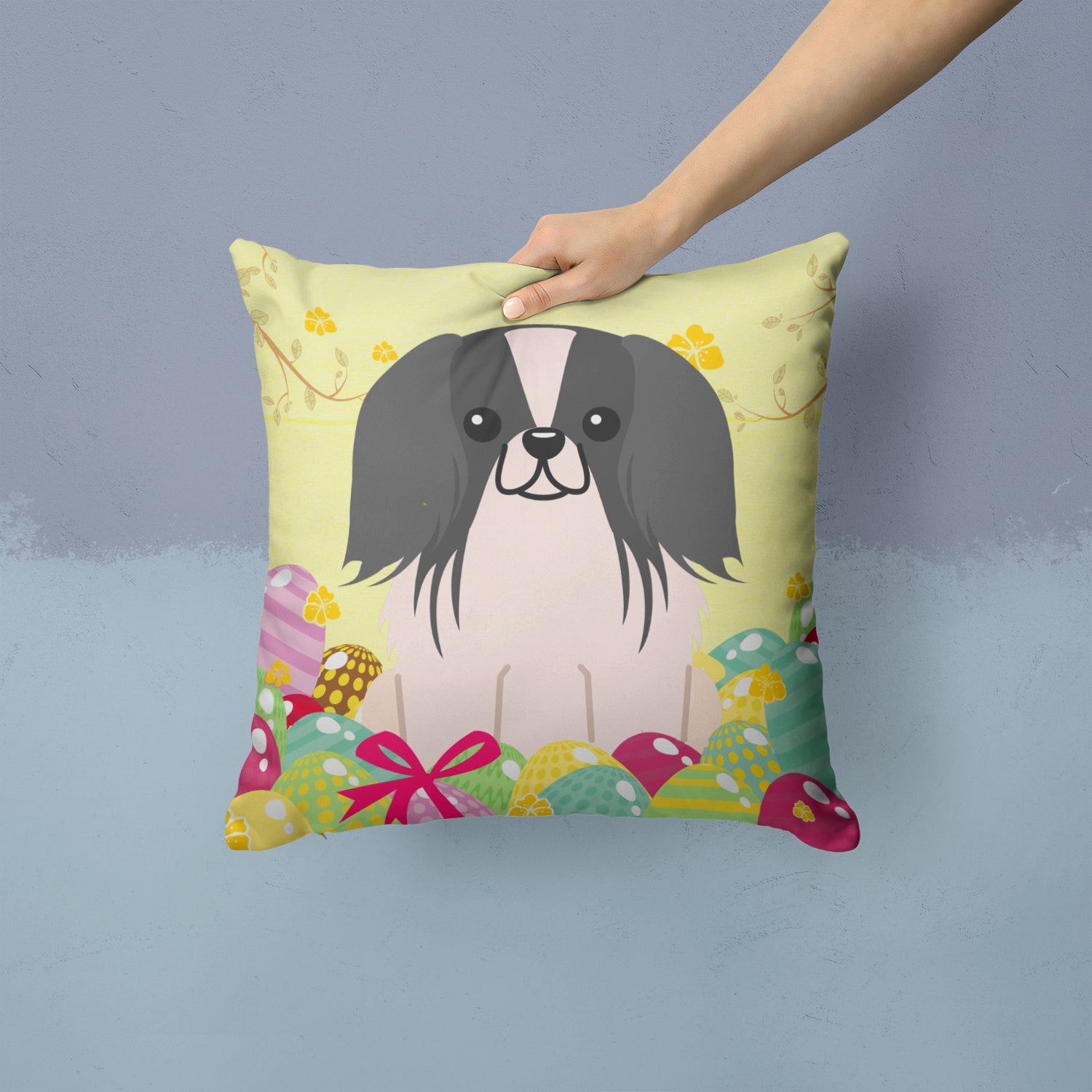 Easter Eggs Pekingese Black White Decorative Throw Pillow 14x14 Indoor Outdoor Accent Cushion, Fabric Cover with Insert for Sofa, Bed, Porch & Living Room