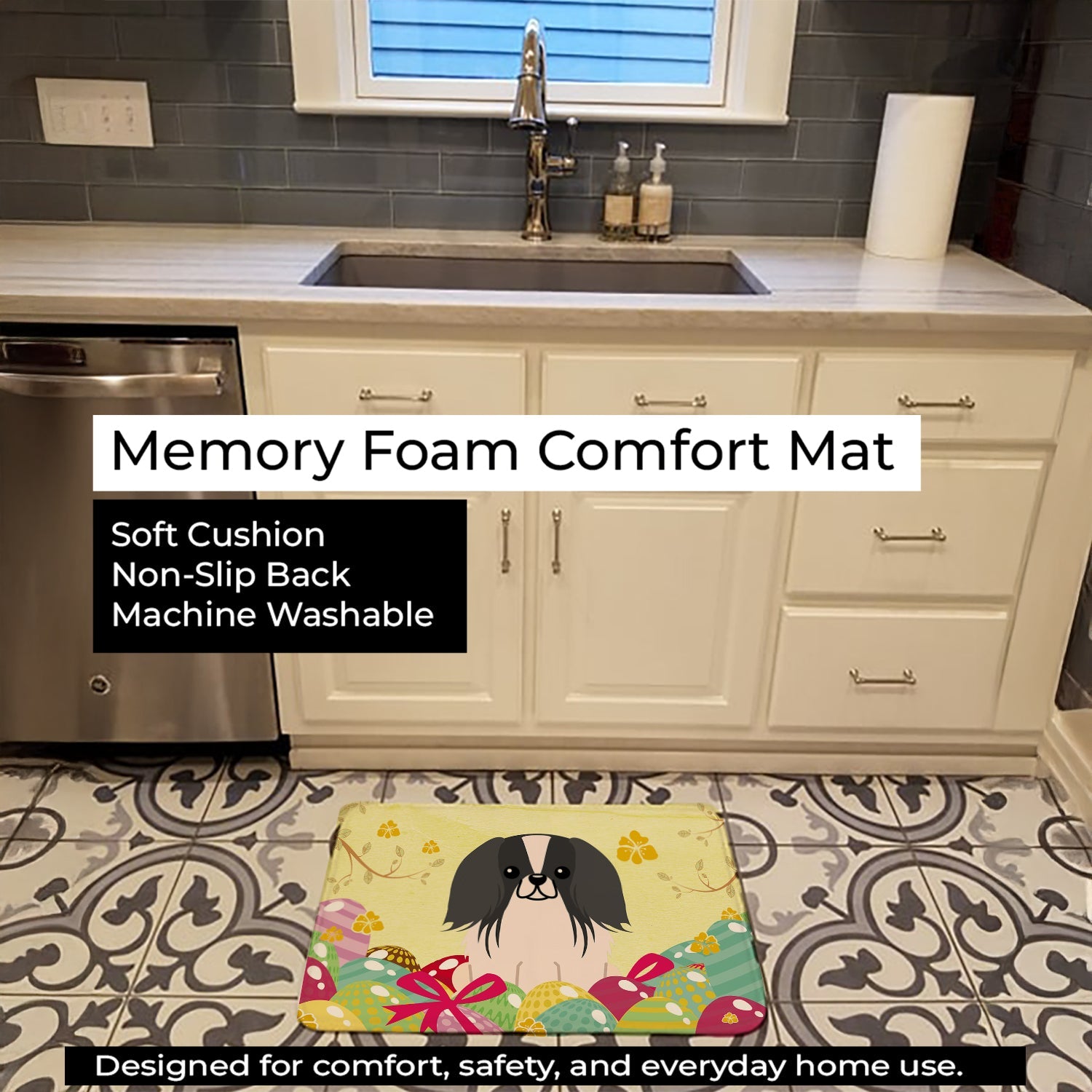 Easter Eggs Pekingese Black White Memory Foam Kitchen Mat Machine Washable Anti-Fatigue Cushion Comfort Bath or Kitchen Rug