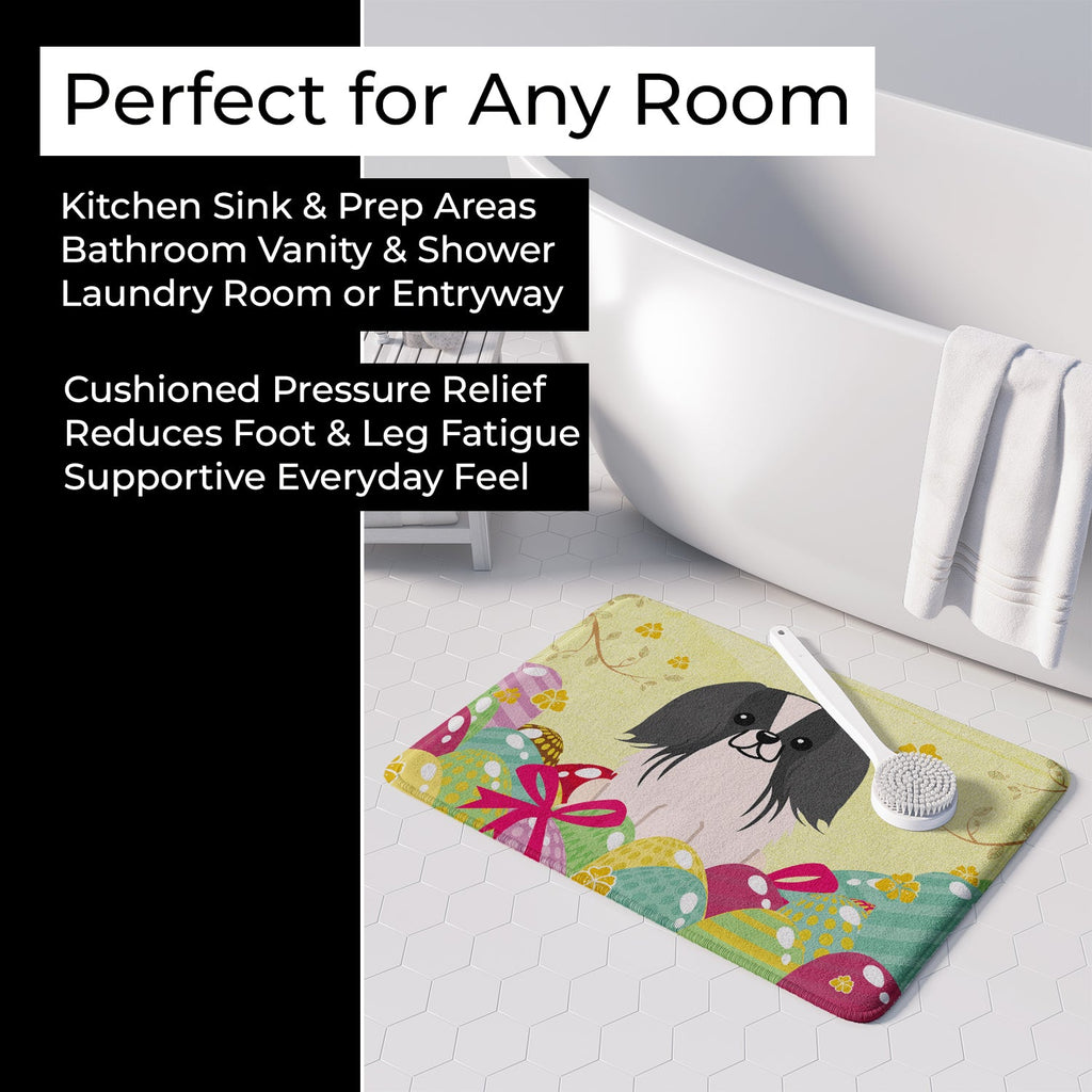 Easter Eggs Pekingese Black White Memory Foam Kitchen Mat Machine Washable Anti-Fatigue Cushion Comfort Bath or Kitchen Rug
