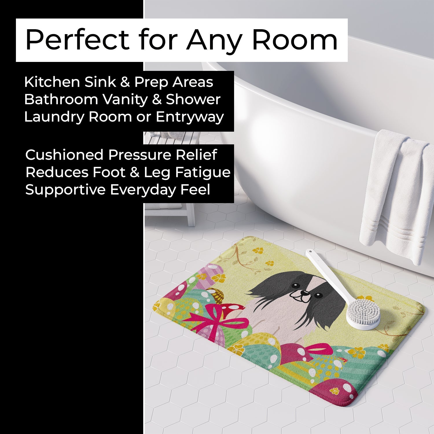 Easter Eggs Pekingese Black White Memory Foam Kitchen Mat Machine Washable Anti-Fatigue Cushion Comfort Bath or Kitchen Rug