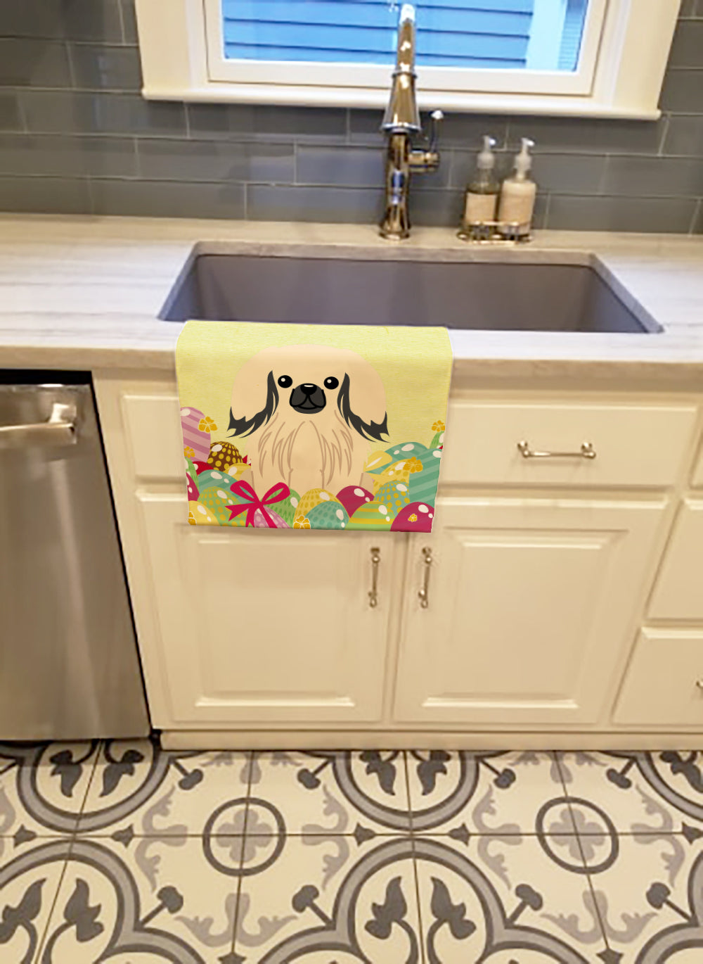 Easter Eggs Pekingese Cream Kitchen Towel Velour Plush Front and Cotton Loop Back Machine Washable
