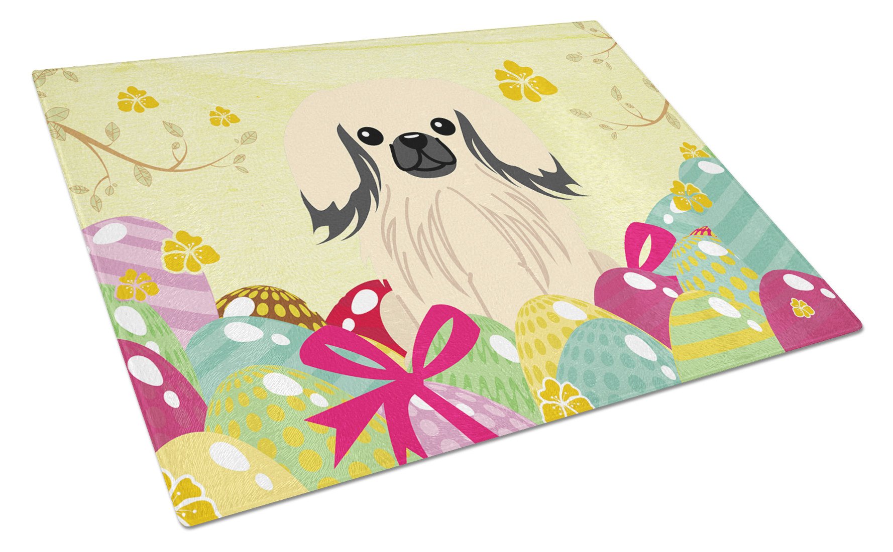 Easter Eggs Pekingese Cream Cutting Board Tempered Glass Kitchen Cutting Surface, Heat Resistant Chopping, Non-Slip Feet, Food Prep & Serving