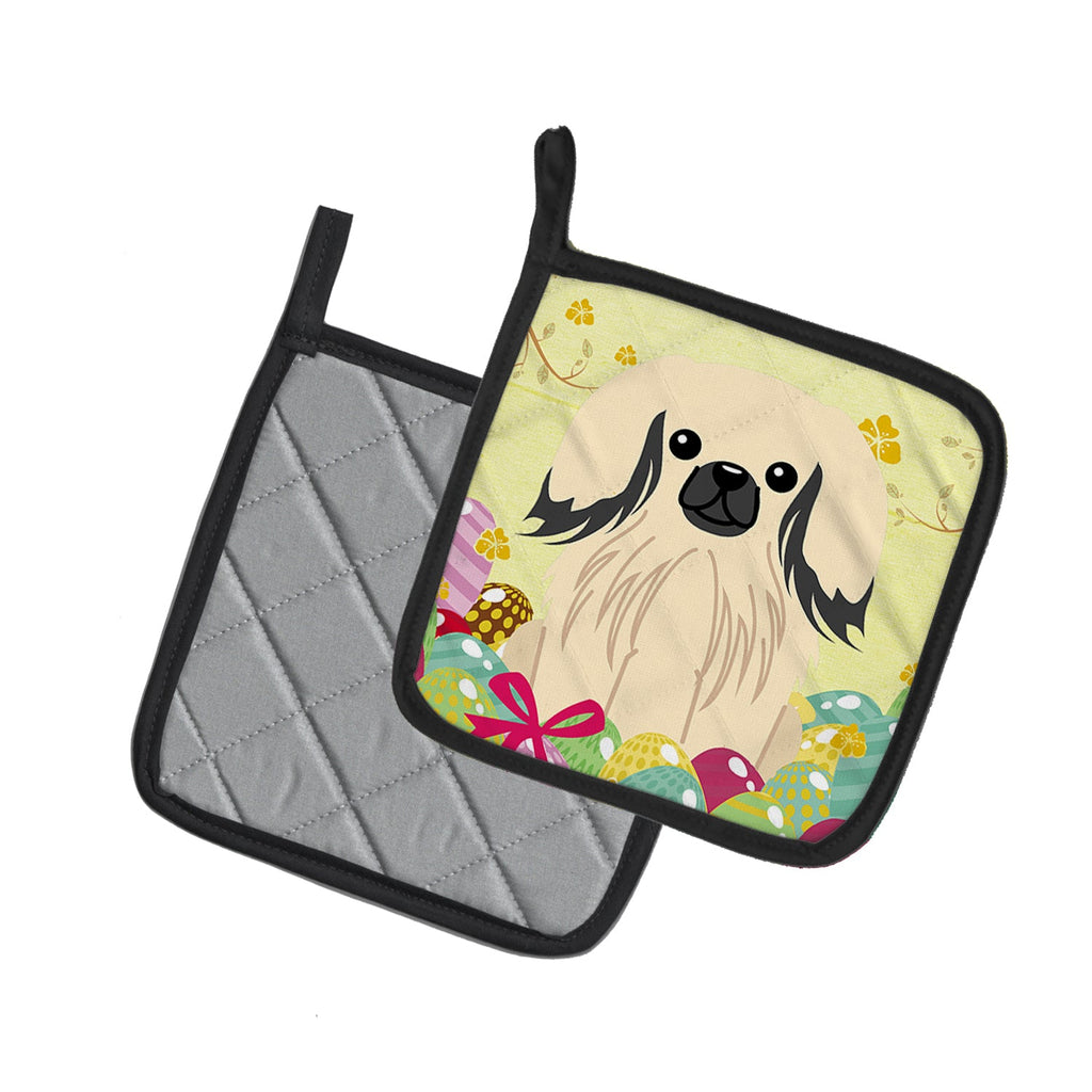 Easter Eggs Pekingese Cream Pot Holder Set of 2 Heat Resistant Quilted Hot Pads 7.5 x 7.5 Inch, Insulated Kitchen Trivets for Cooking & Baking