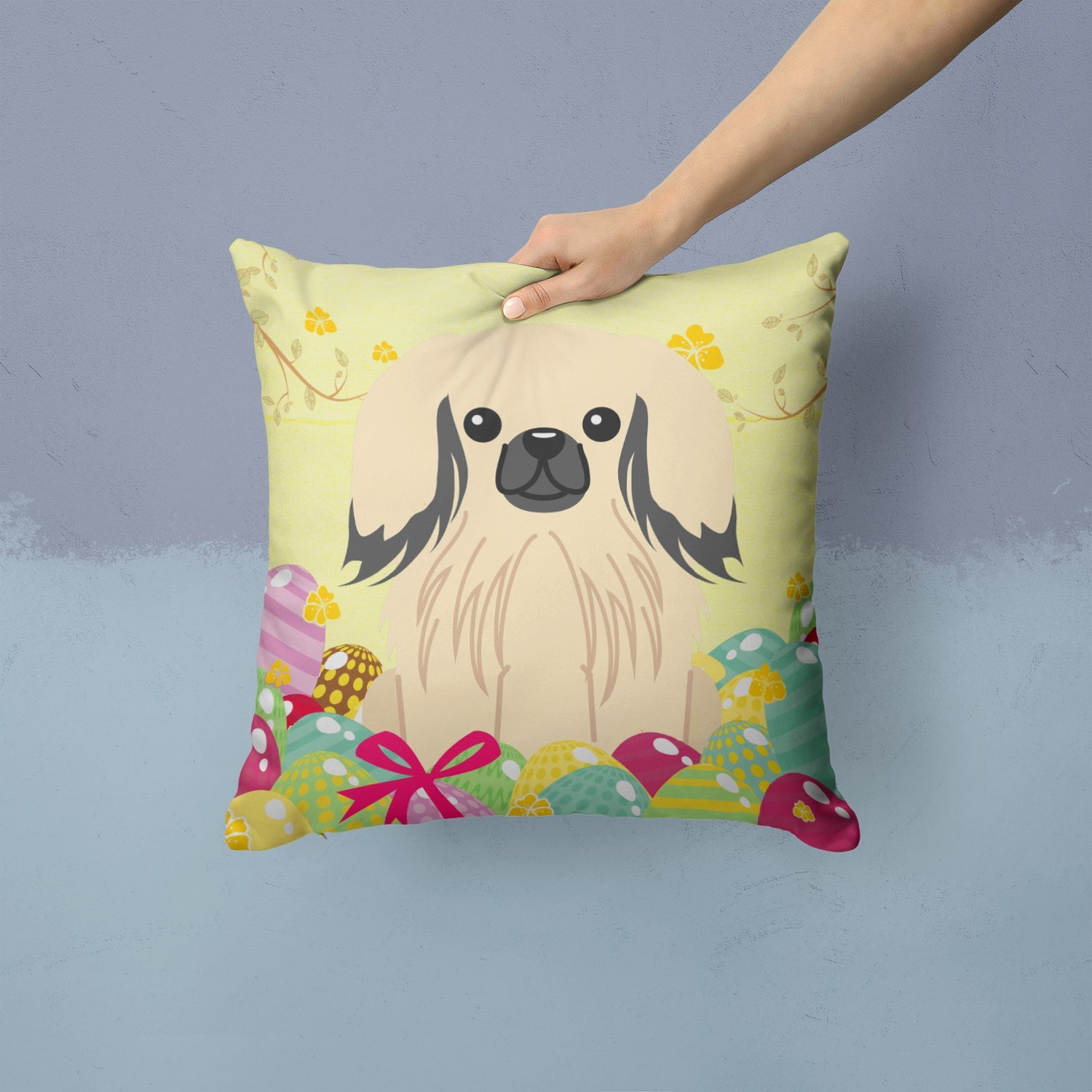 Easter Eggs Pekingese Cream Decorative Throw Pillow 14x14 Indoor Outdoor Accent Cushion, Fabric Cover with Insert for Sofa, Bed, Porch & Living Room