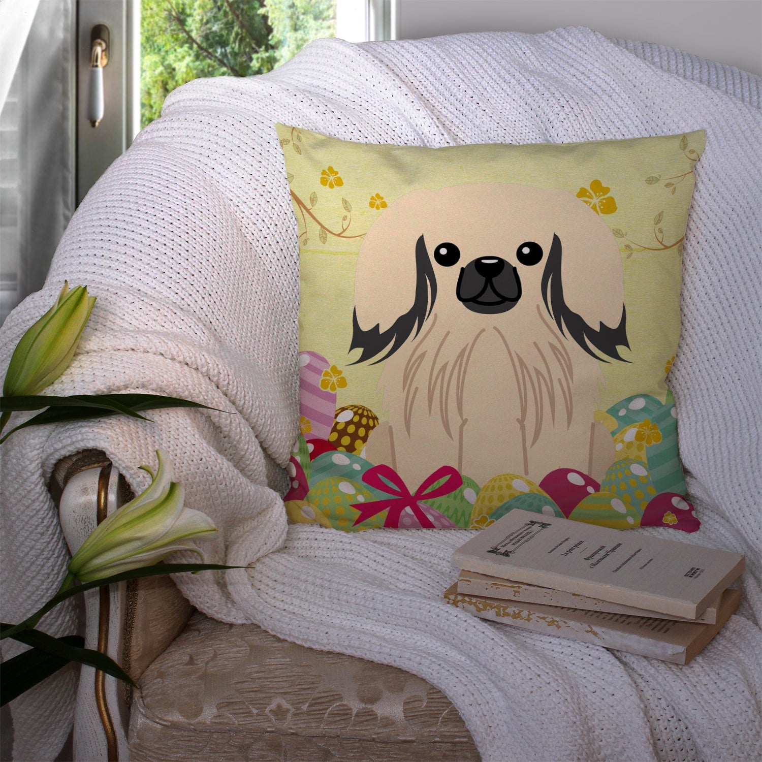 Easter Eggs Pekingese Cream Decorative Throw Pillow 14x14 Indoor Outdoor Accent Cushion, Fabric Cover with Insert for Sofa, Bed, Porch & Living Room