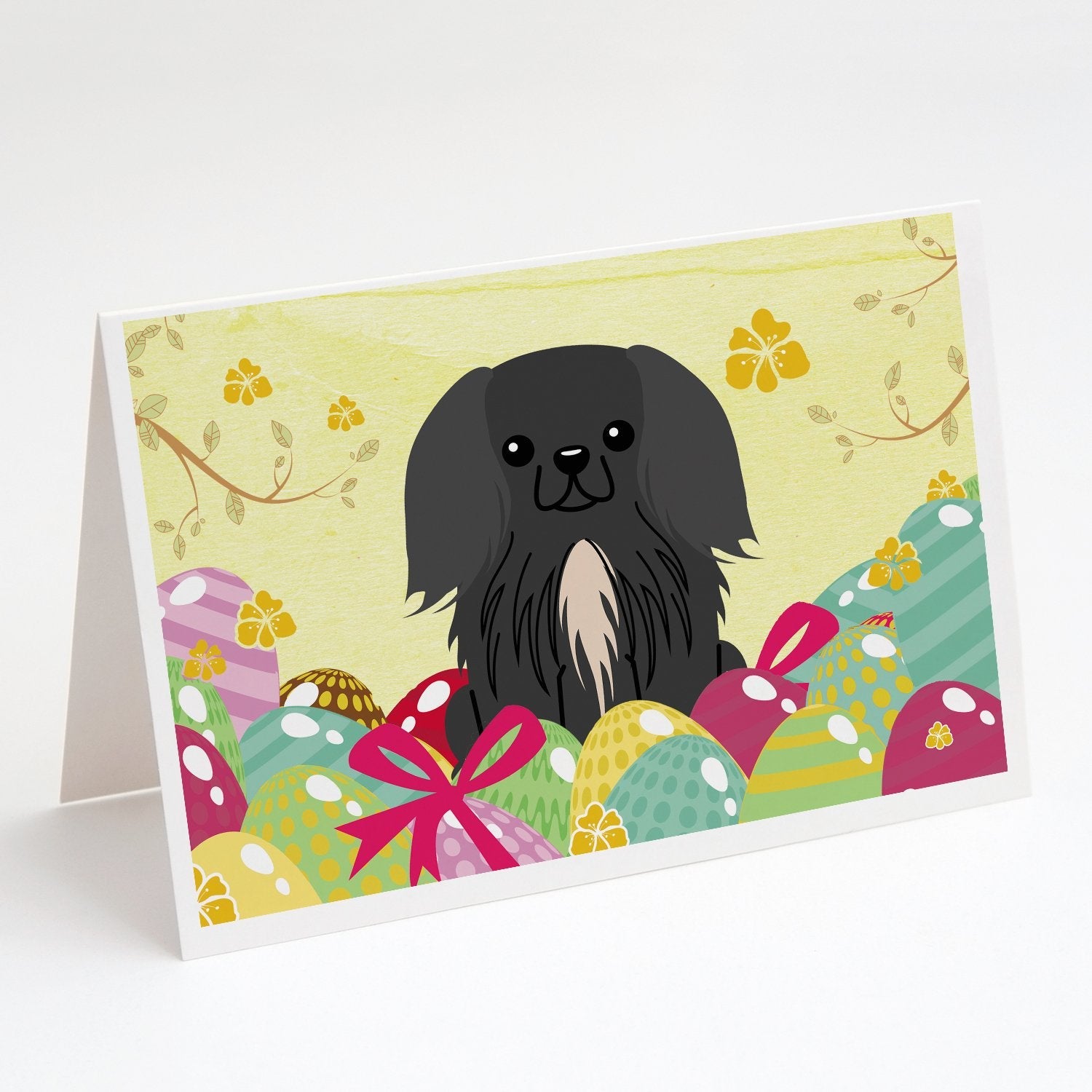 Easter Eggs Pekingese Black Greeting Cards Pack of 8 Blank Cards with Envelopes Whimsical A7 Size 5x7