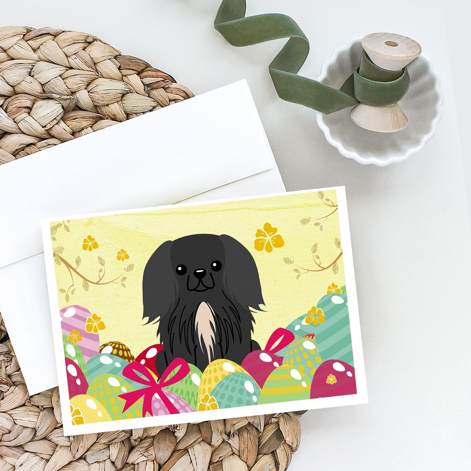 Easter Eggs Pekingese Black Greeting Cards Pack of 8 Blank Cards with Envelopes Whimsical A7 Size 5x7