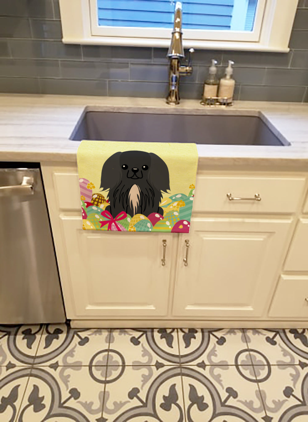 Easter Eggs Pekingese Black Kitchen Towel Velour Plush Front and Cotton Loop Back Machine Washable