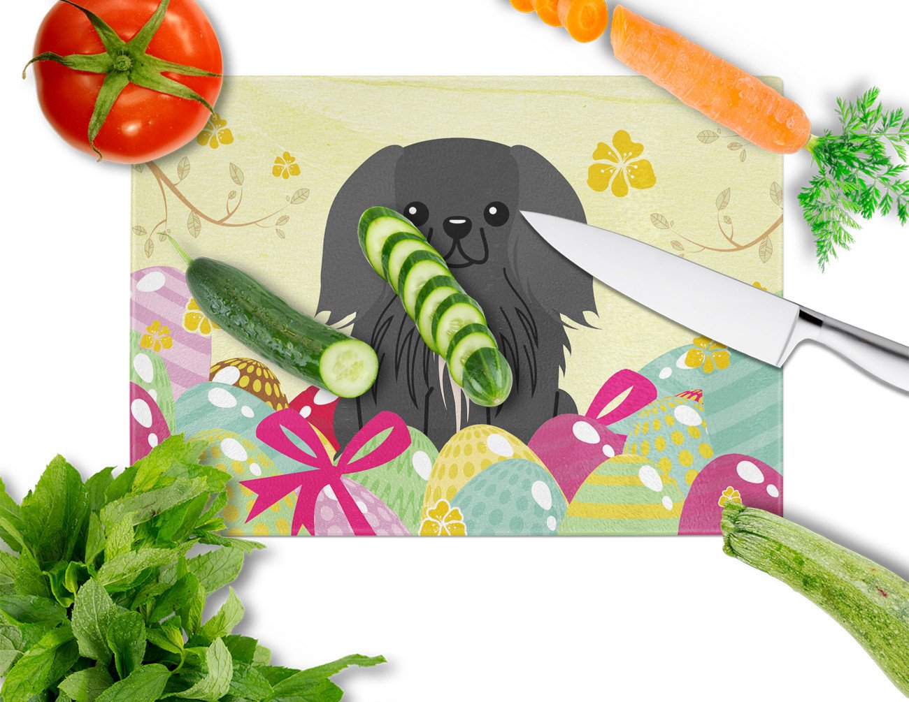 Easter Eggs Pekingese Black Cutting Board Tempered Glass Kitchen Cutting Surface, Heat Resistant Chopping, Non-Slip Feet, Food Prep & Serving