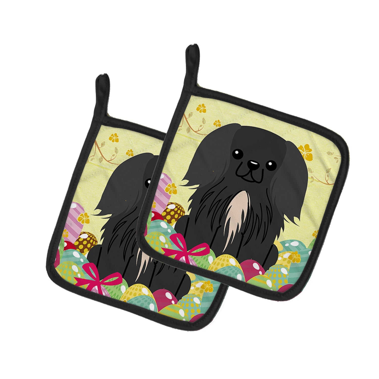 Easter Eggs Pekingese Black Pot Holder Set of 2 Heat Resistant Quilted Hot Pads 7.5 x 7.5 Inch, Insulated Kitchen Trivets for Cooking & Baking