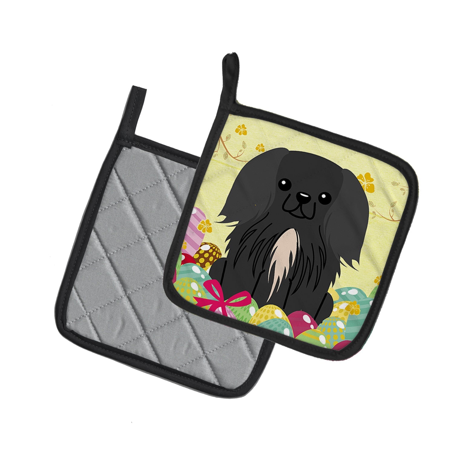 Easter Eggs Pekingese Black Pot Holder Set of 2 Heat Resistant Quilted Hot Pads 7.5 x 7.5 Inch, Insulated Kitchen Trivets for Cooking & Baking
