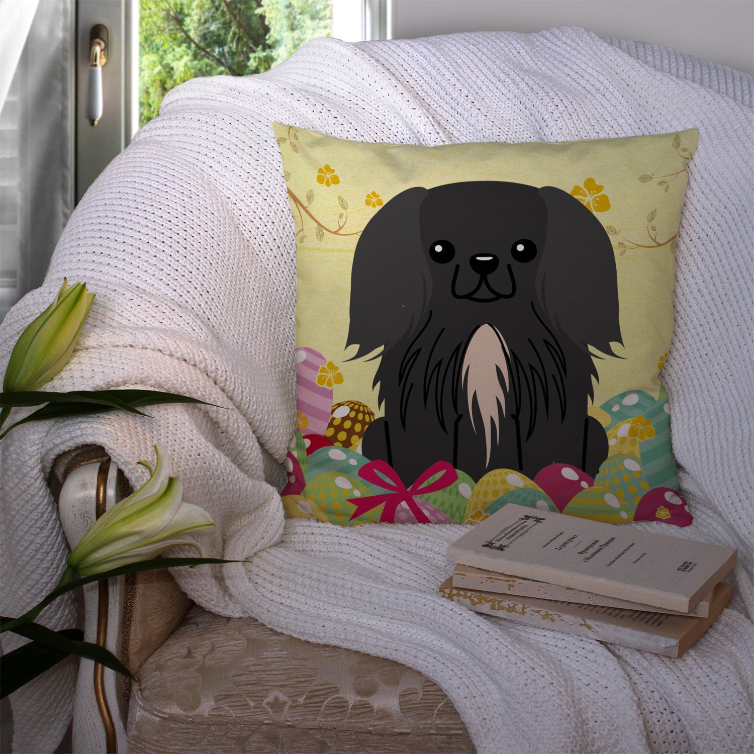 Easter Eggs Pekingese Black Decorative Throw Pillow 14x14 Indoor Outdoor Accent Cushion, Fabric Cover with Insert for Sofa, Bed, Porch & Living Room