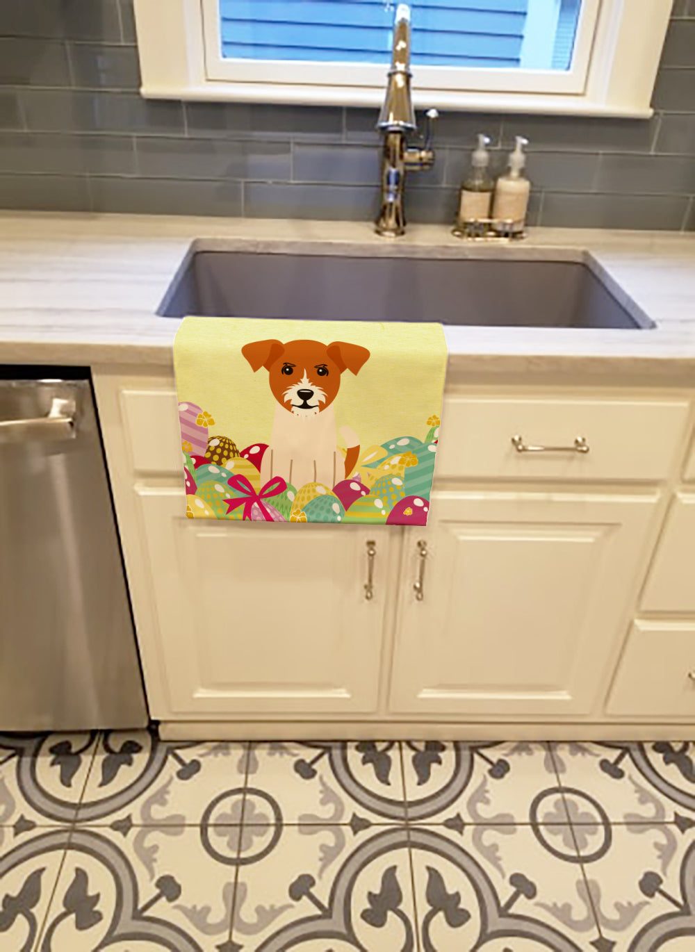 Easter Eggs Jack Russell Terrier Kitchen Towel Velour Plush Front and Cotton Loop Back Machine Washable