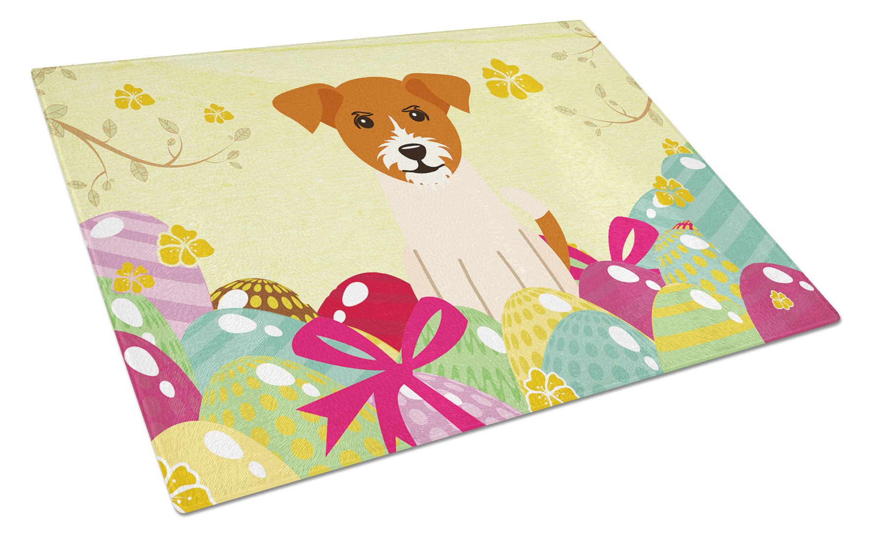Easter Eggs Jack Russell Terrier Cutting Board Tempered Glass Kitchen Cutting Surface, Heat Resistant Chopping, Non-Slip Feet, Food Prep & Serving