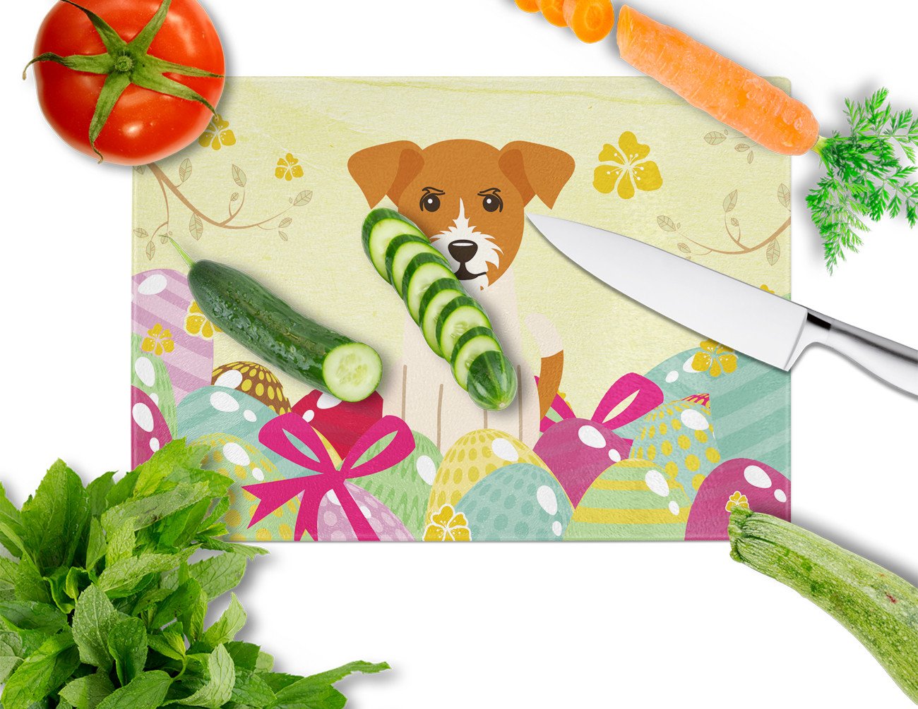 Easter Eggs Jack Russell Terrier Cutting Board Tempered Glass Kitchen Cutting Surface, Heat Resistant Chopping, Non-Slip Feet, Food Prep & Serving