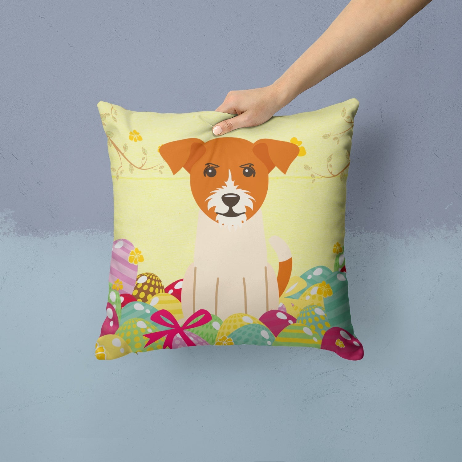 Easter Eggs Jack Russell Terrier Decorative Throw Pillow 14x14 Indoor Outdoor Accent Cushion, Fabric Cover with Insert for Sofa, Bed, Porch & Living Room