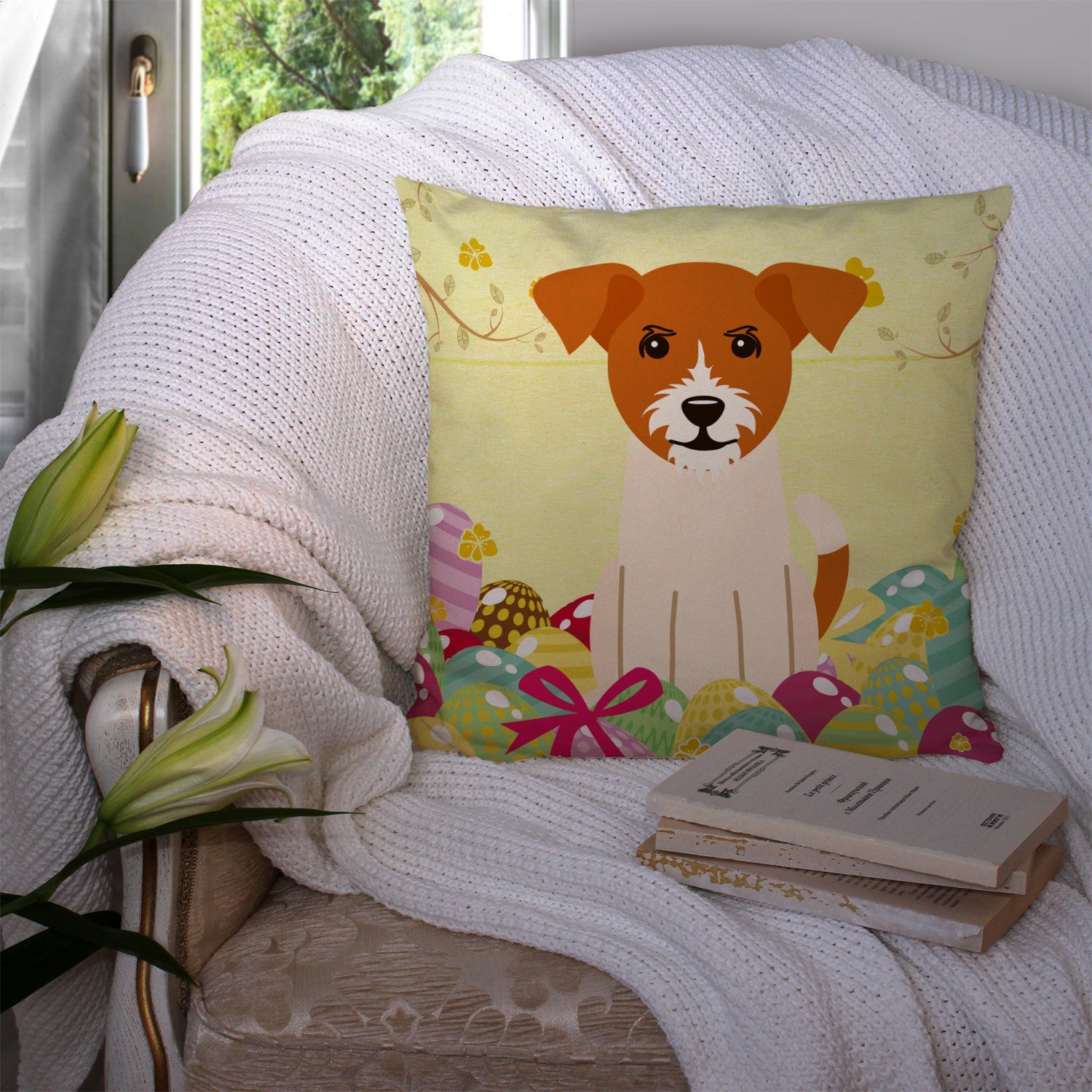 Easter Eggs Jack Russell Terrier Decorative Throw Pillow 14x14 Indoor Outdoor Accent Cushion, Fabric Cover with Insert for Sofa, Bed, Porch & Living Room