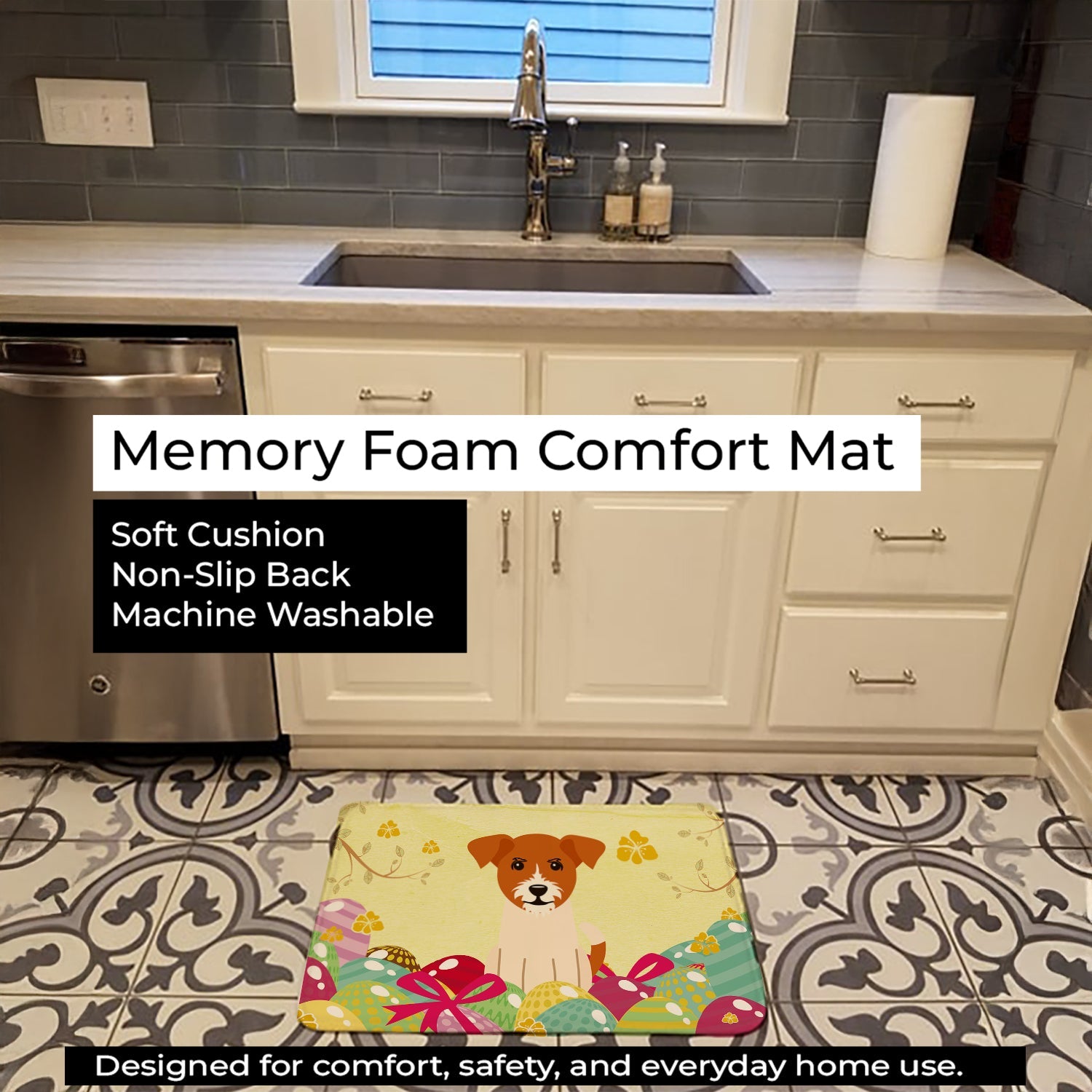 Easter Eggs Jack Russell Terrier Memory Foam Kitchen Mat Machine Washable Anti-Fatigue Cushion Comfort Bath or Kitchen Rug