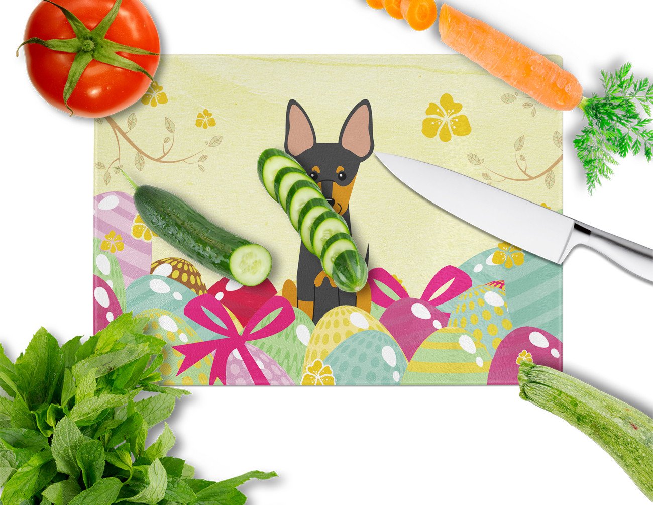 Easter Eggs English Toy Terrier Cutting Board Tempered Glass Kitchen Cutting Surface, Heat Resistant Chopping, Non-Slip Feet, Food Prep & Serving