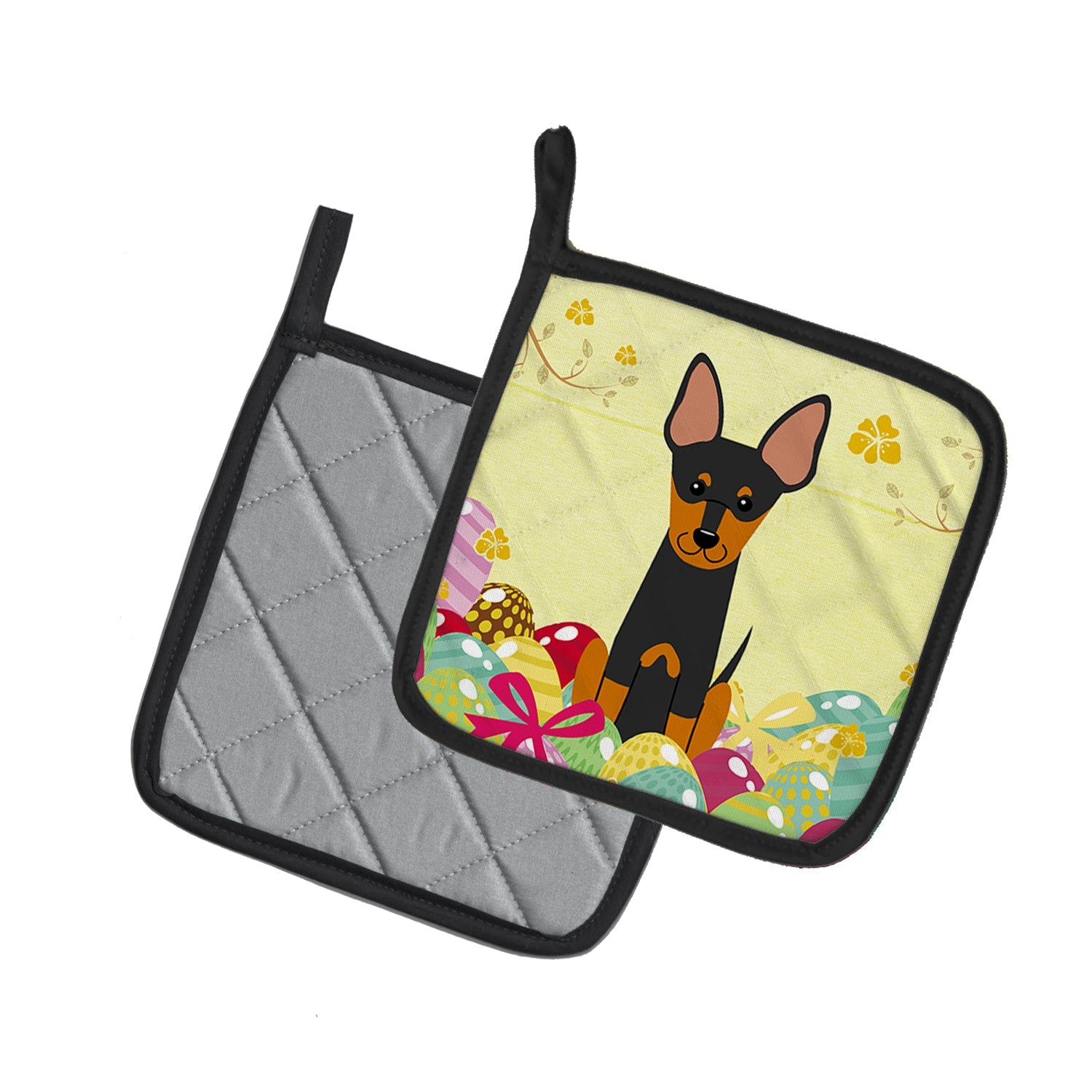 Easter Eggs English Toy Terrier Pot Holder Set of 2 Heat Resistant Quilted Hot Pads 7.5 x 7.5 Inch, Insulated Kitchen Trivets for Cooking & Baking