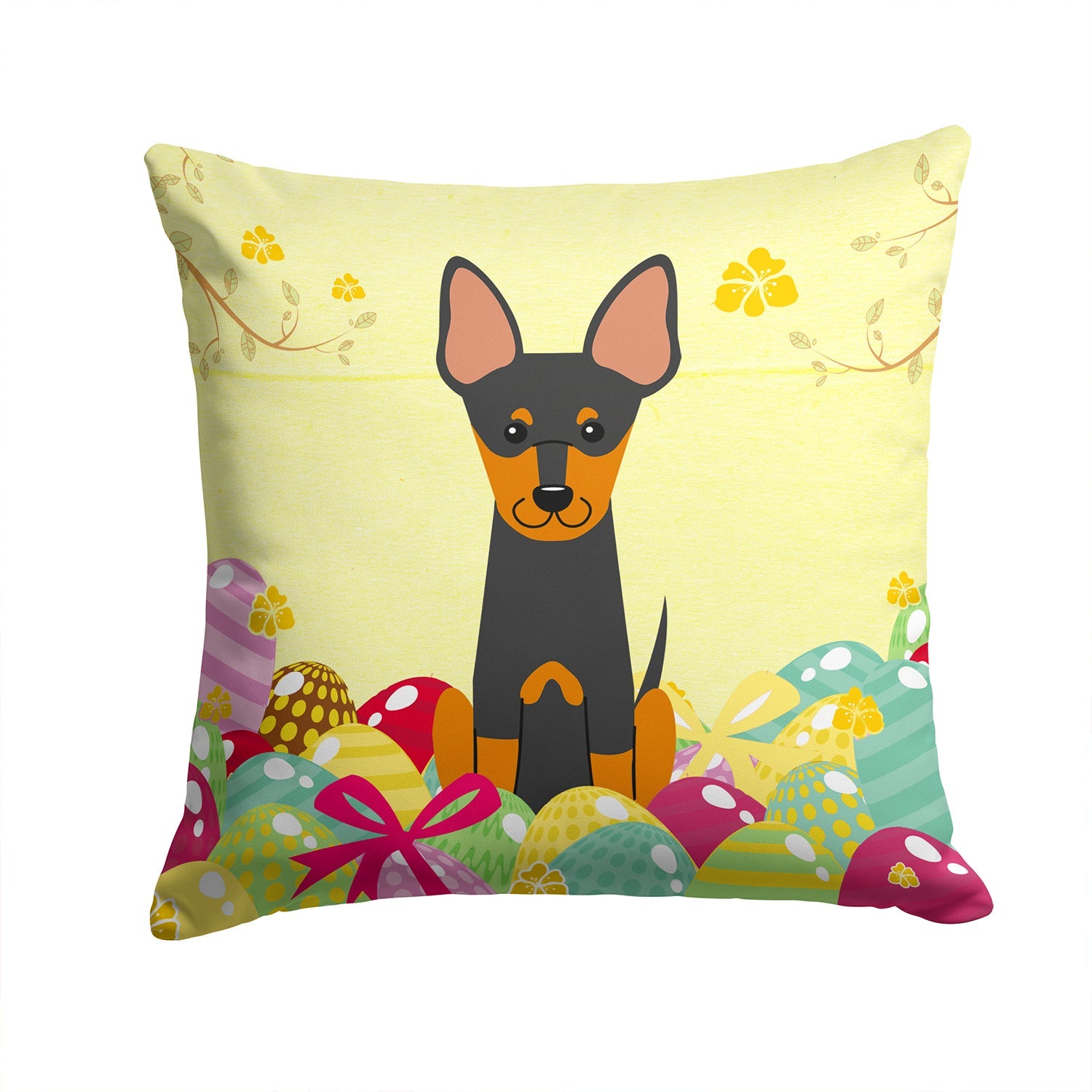 Easter Eggs English Toy Terrier Decorative Throw Pillow 14x14 Indoor Outdoor Accent Cushion, Fabric Cover with Insert for Sofa, Bed, Porch & Living Room