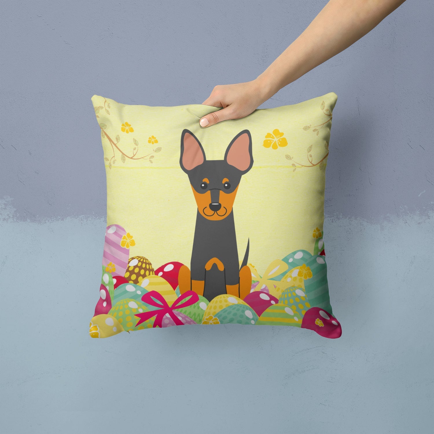Easter Eggs English Toy Terrier Decorative Throw Pillow 14x14 Indoor Outdoor Accent Cushion, Fabric Cover with Insert for Sofa, Bed, Porch & Living Room