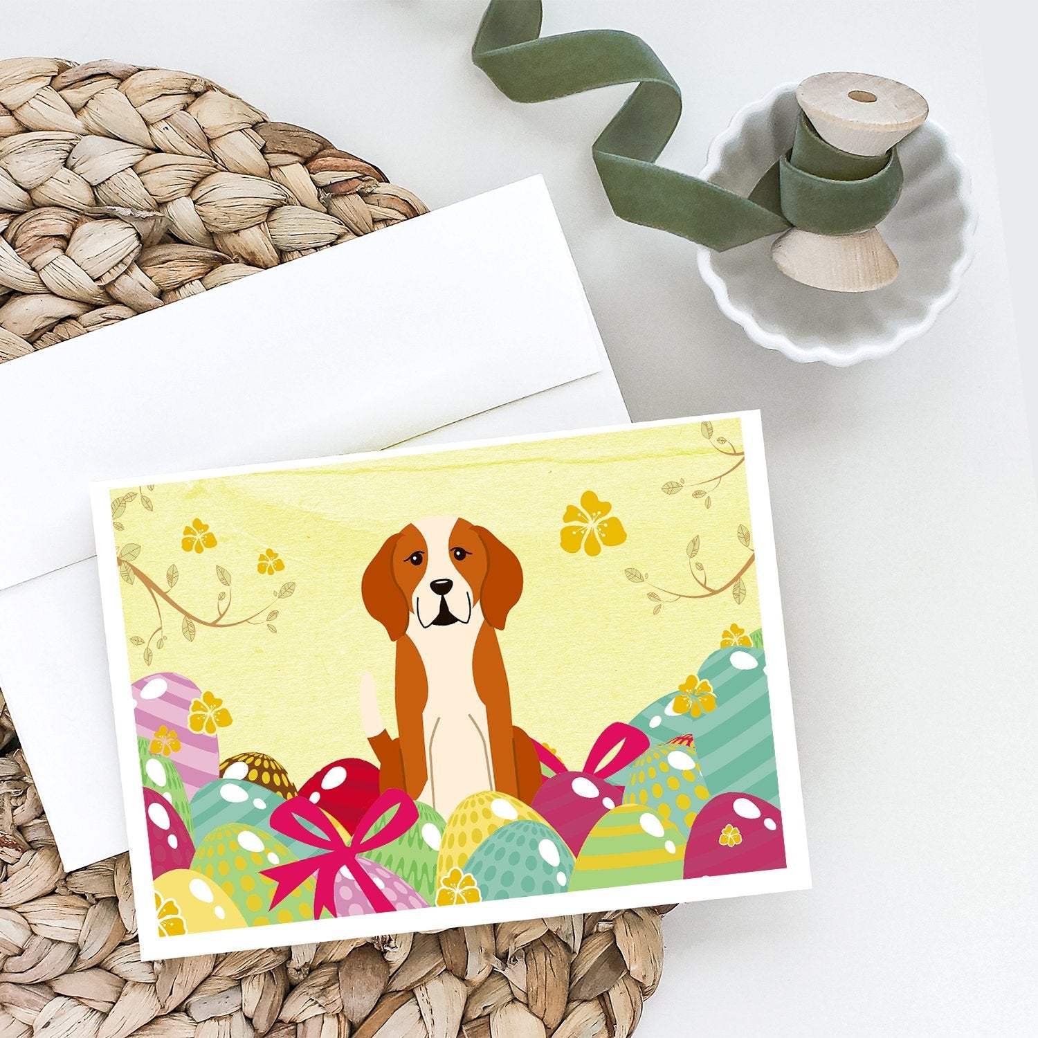 Easter Eggs English Foxhound Greeting Cards Pack of 8 Blank Cards with Envelopes Whimsical A7 Size 5x7