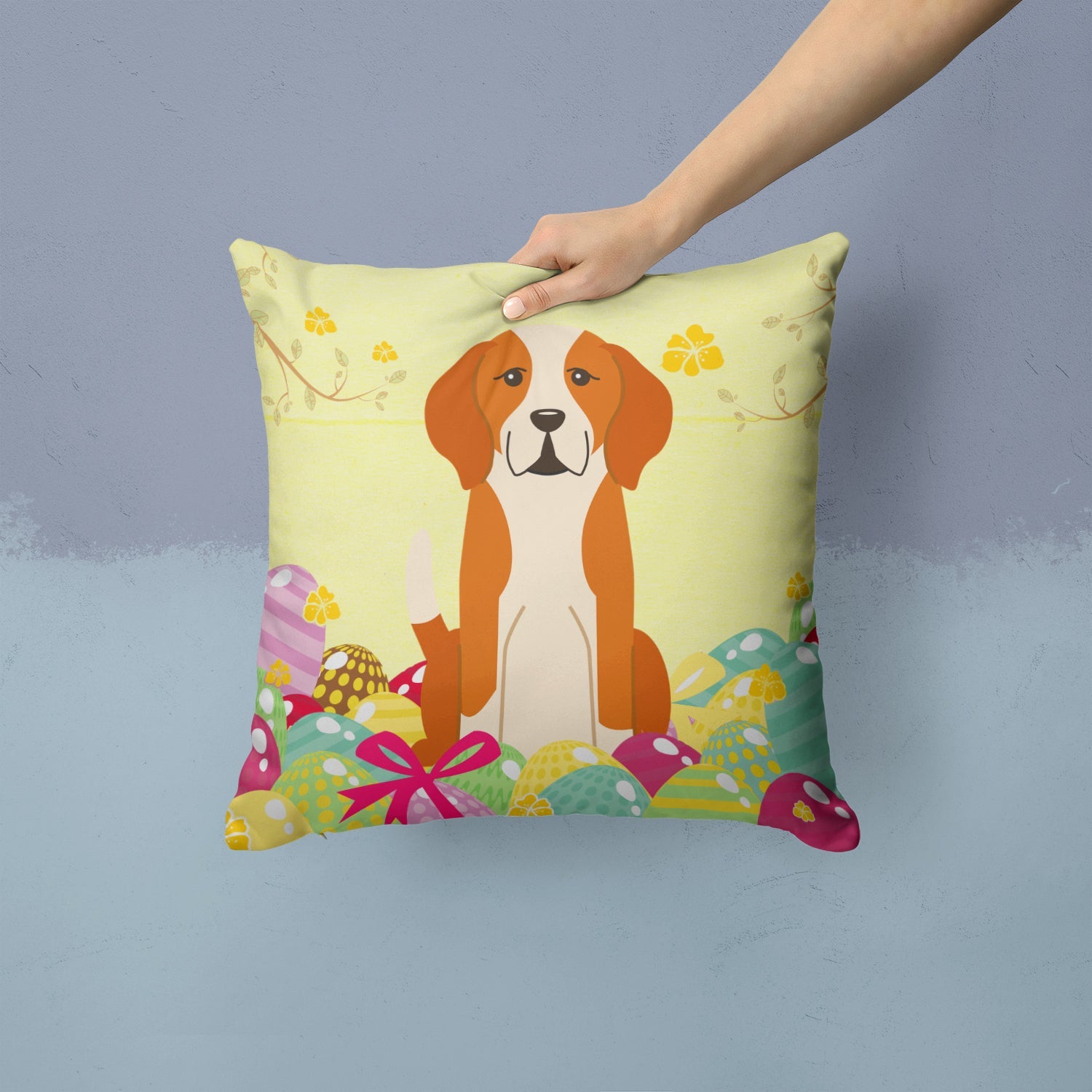 Easter Eggs English Foxhound Decorative Throw Pillow 14x14 Indoor Outdoor Accent Cushion, Fabric Cover with Insert for Sofa, Bed, Porch & Living Room