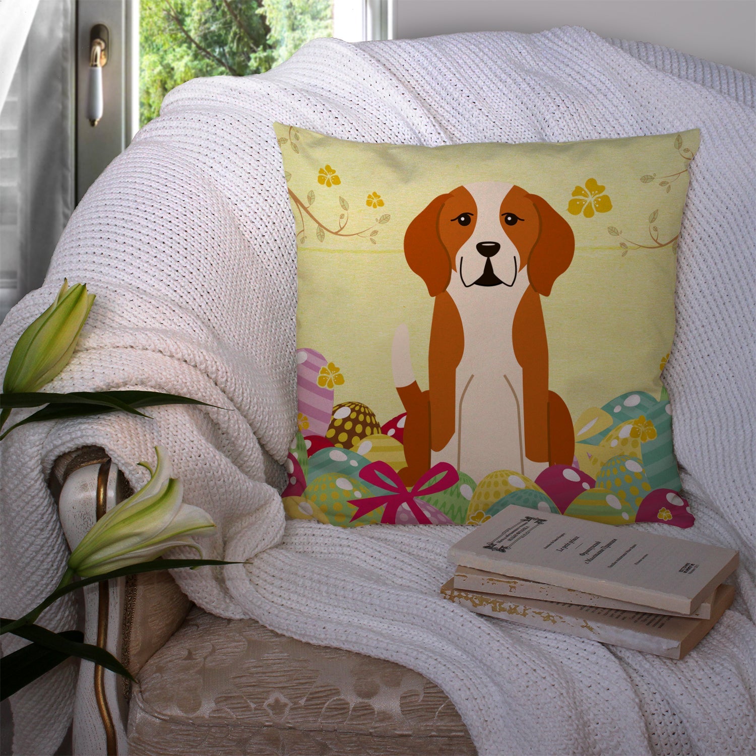 Easter Eggs English Foxhound Decorative Throw Pillow 14x14 Indoor Outdoor Accent Cushion, Fabric Cover with Insert for Sofa, Bed, Porch & Living Room