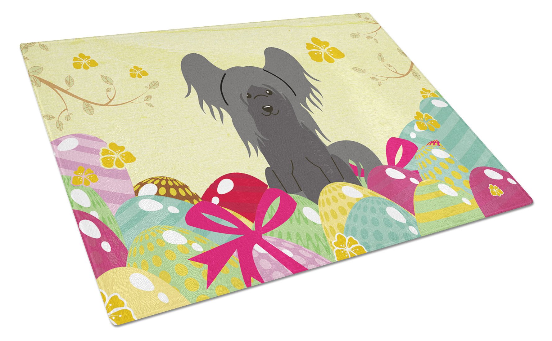 Easter Eggs Chinese Crested Black Cutting Board Tempered Glass Kitchen Cutting Surface, Heat Resistant Chopping, Non-Slip Feet, Food Prep & Serving