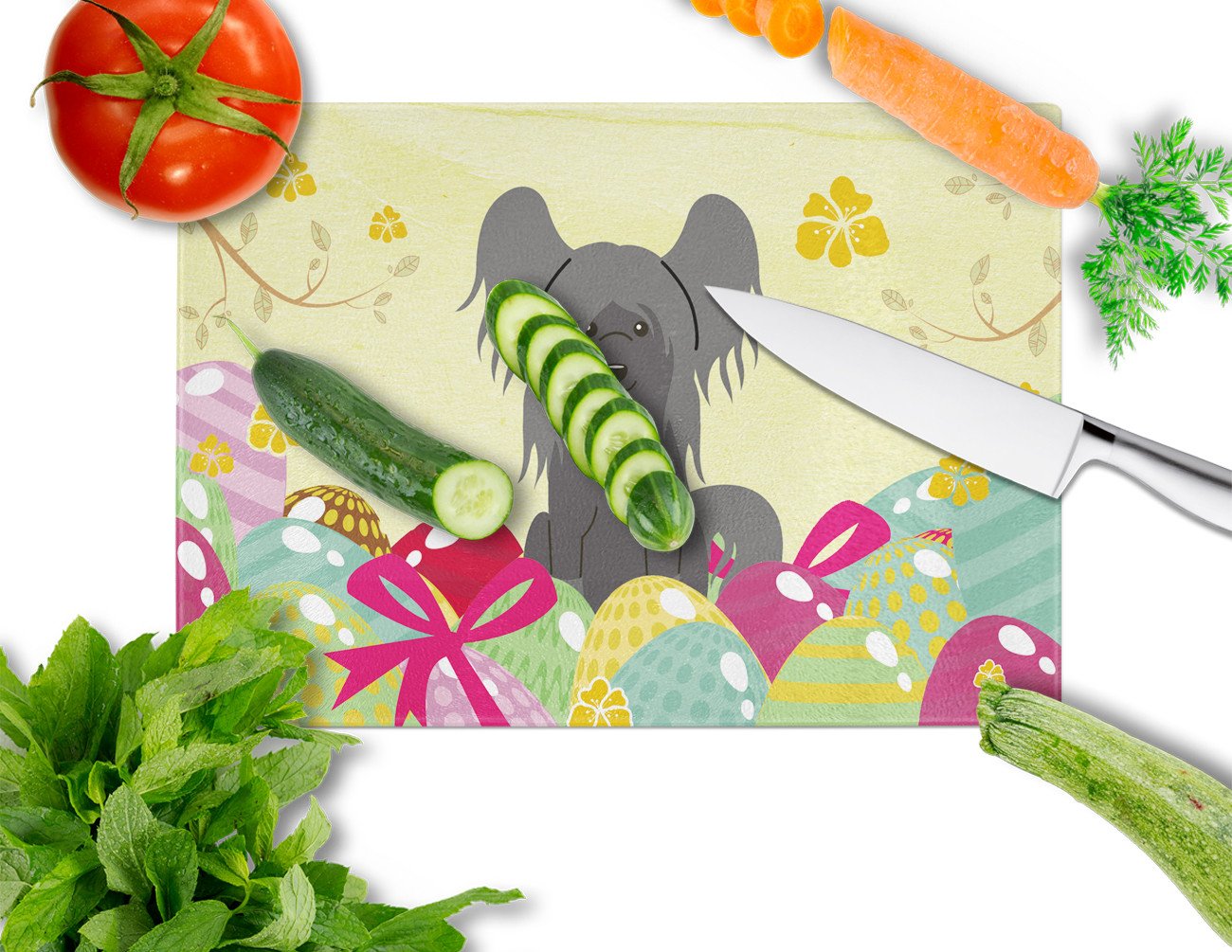 Easter Eggs Chinese Crested Black Cutting Board Tempered Glass Kitchen Cutting Surface, Heat Resistant Chopping, Non-Slip Feet, Food Prep & Serving
