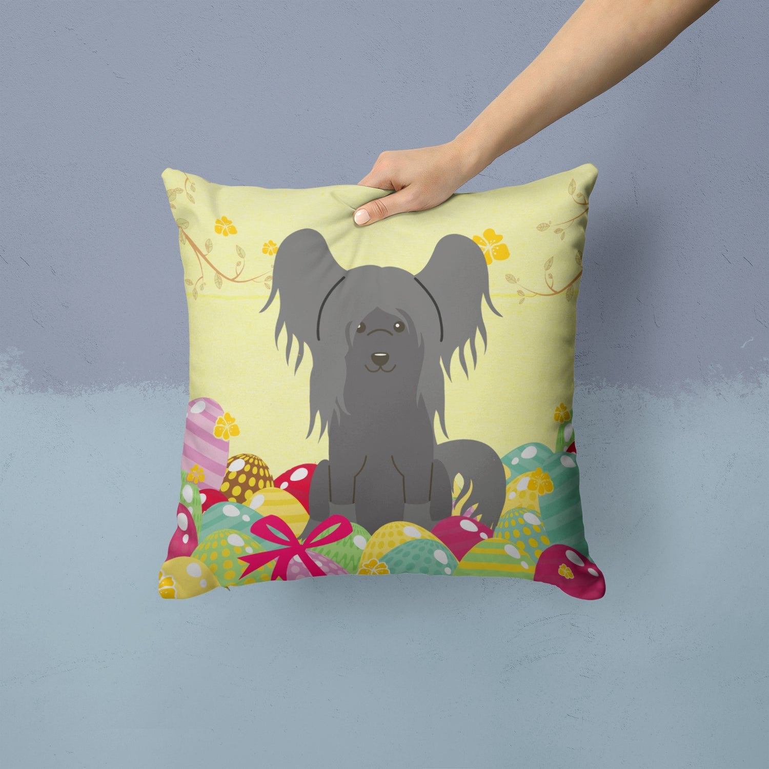 Easter Eggs Chinese Crested Black Decorative Throw Pillow 14x14 Indoor Outdoor Accent Cushion, Fabric Cover with Insert for Sofa, Bed, Porch & Living Room