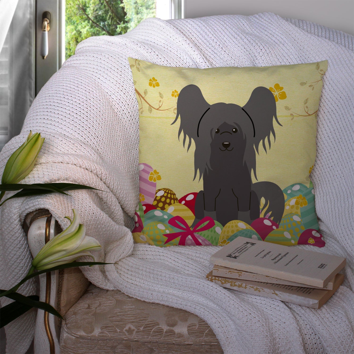 Easter Eggs Chinese Crested Black Decorative Throw Pillow 14x14 Indoor Outdoor Accent Cushion, Fabric Cover with Insert for Sofa, Bed, Porch & Living Room
