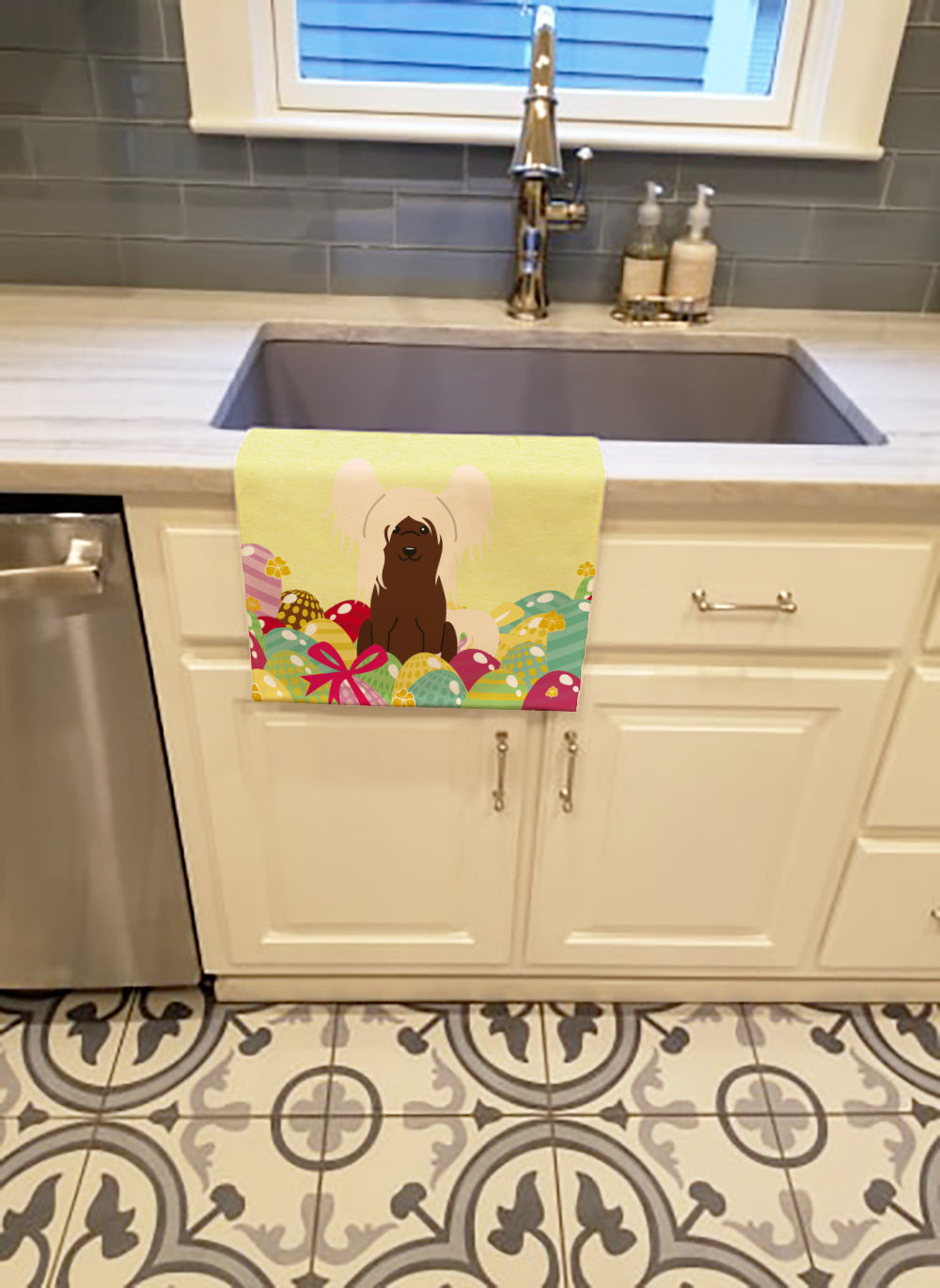Easter Eggs Chinese Crested Cream Kitchen Towel Velour Plush Front and Cotton Loop Back Machine Washable