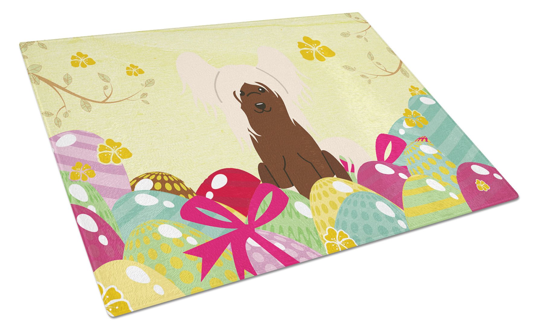 Easter Eggs Chinese Crested Cream Cutting Board Tempered Glass Kitchen Cutting Surface, Heat Resistant Chopping, Non-Slip Feet, Food Prep & Serving