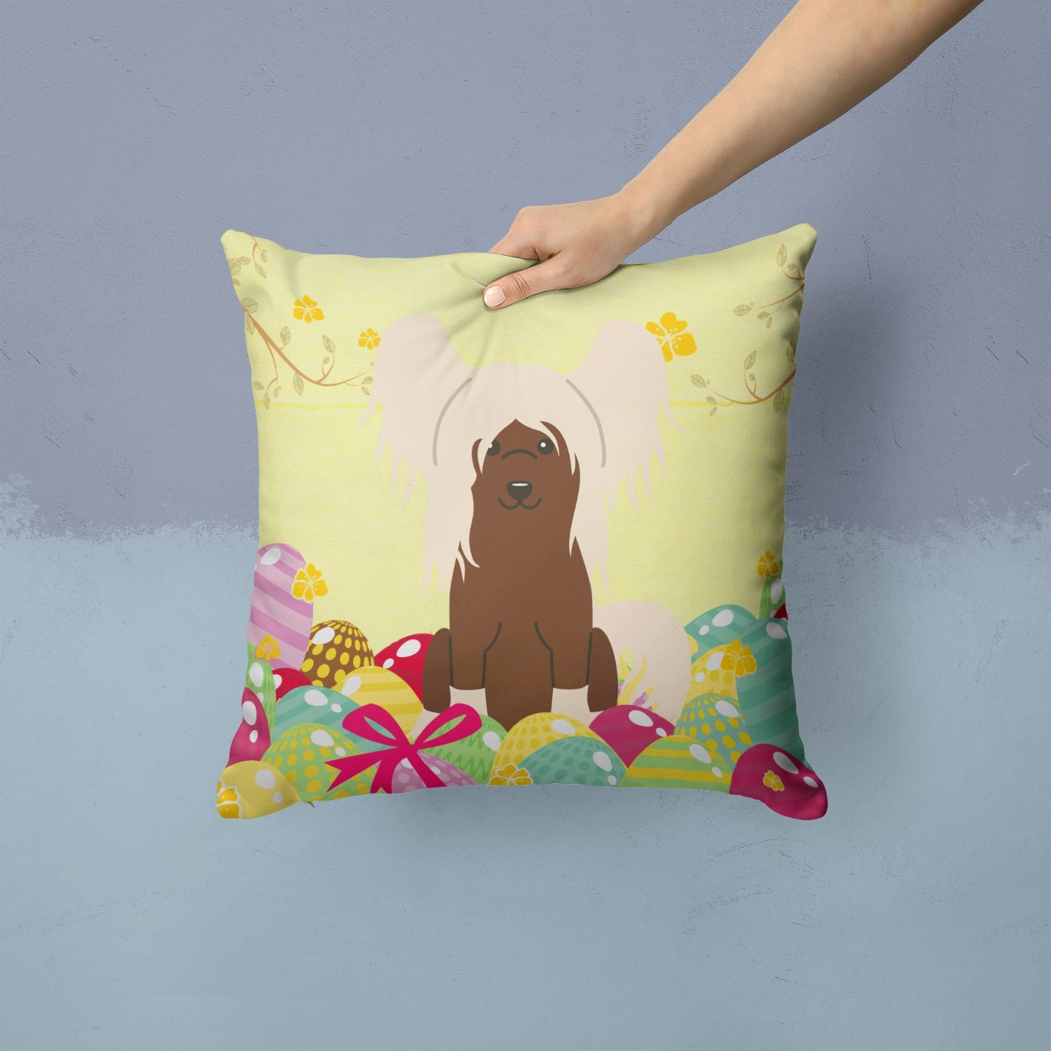 Easter Eggs Chinese Crested Cream Decorative Throw Pillow 14x14 Indoor Outdoor Accent Cushion, Fabric Cover with Insert for Sofa, Bed, Porch & Living Room