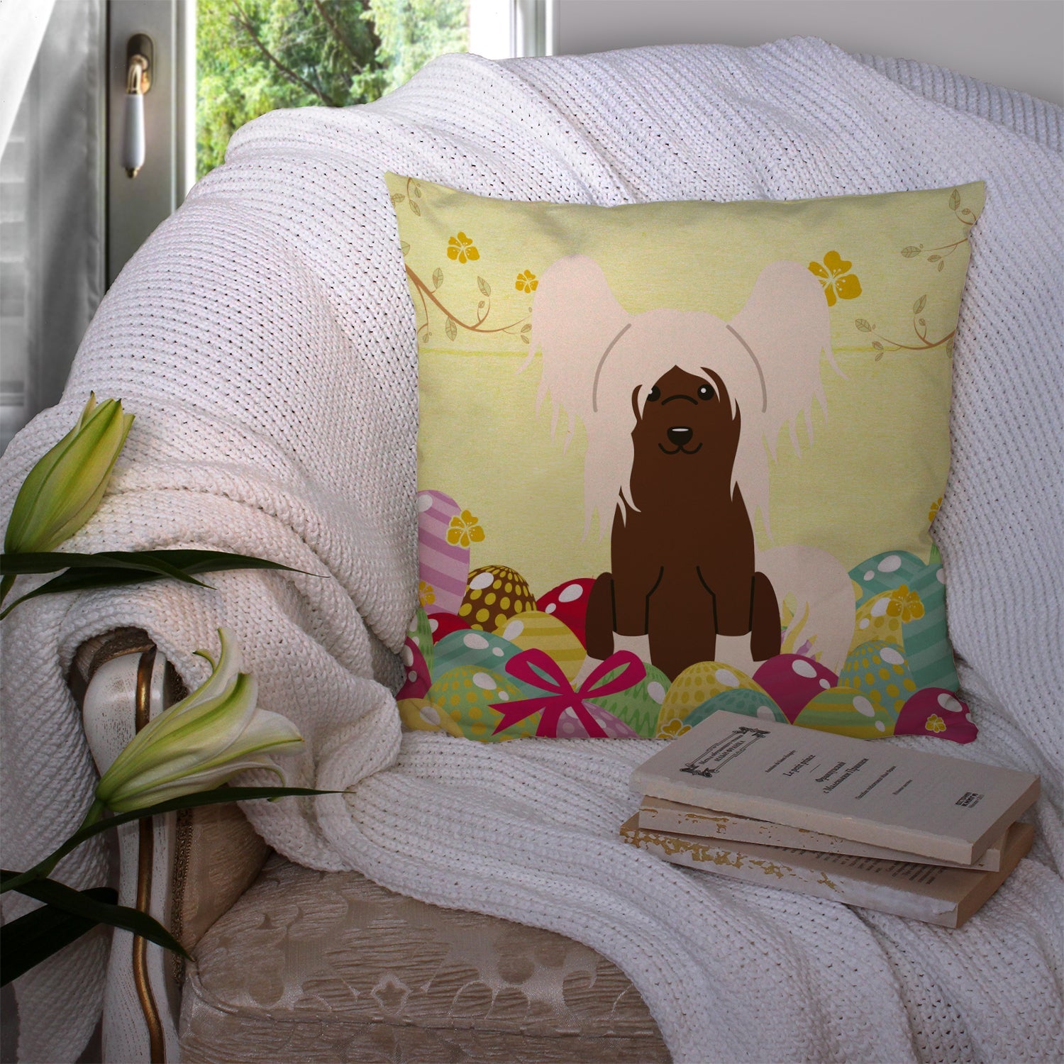 Easter Eggs Chinese Crested Cream Decorative Throw Pillow 14x14 Indoor Outdoor Accent Cushion, Fabric Cover with Insert for Sofa, Bed, Porch & Living Room