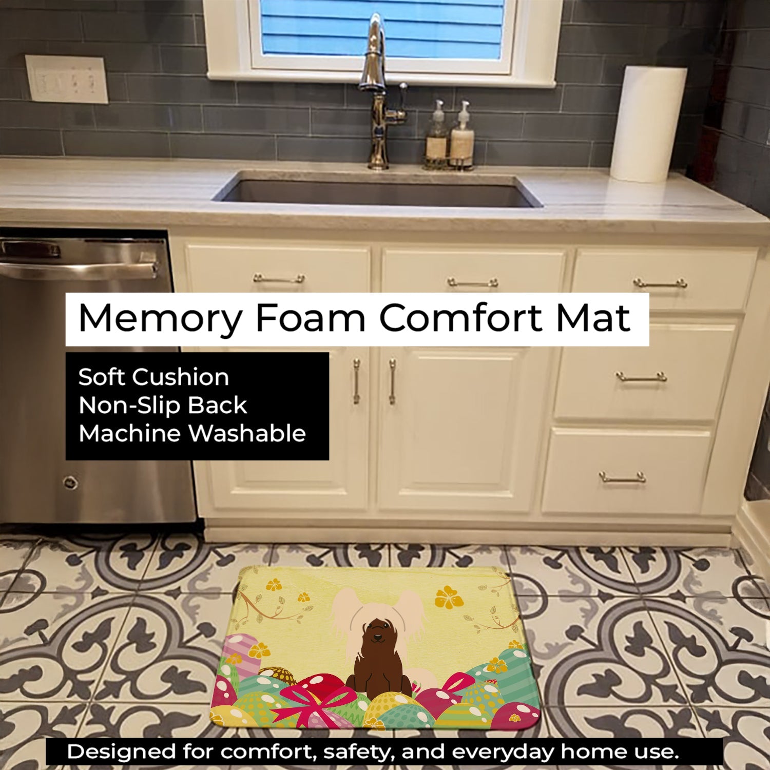 Easter Eggs Chinese Crested Cream Memory Foam Kitchen Mat Machine Washable Anti-Fatigue Cushion Comfort Bath or Kitchen Rug