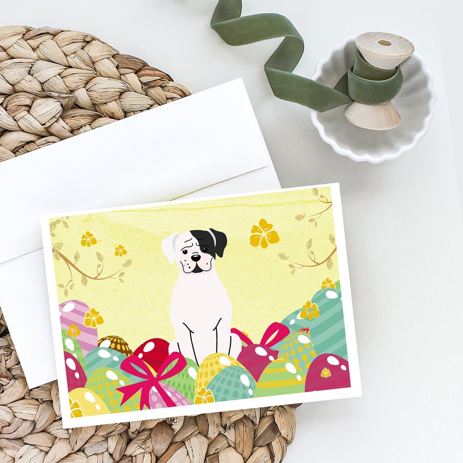 Easter Eggs White Boxer Cooper Greeting Cards Pack of 8 Blank Cards with Envelopes Whimsical A7 Size 5x7