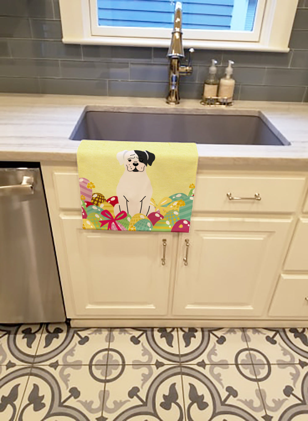 Easter Eggs White Boxer Cooper Kitchen Towel Velour Plush Front and Cotton Loop Back Machine Washable