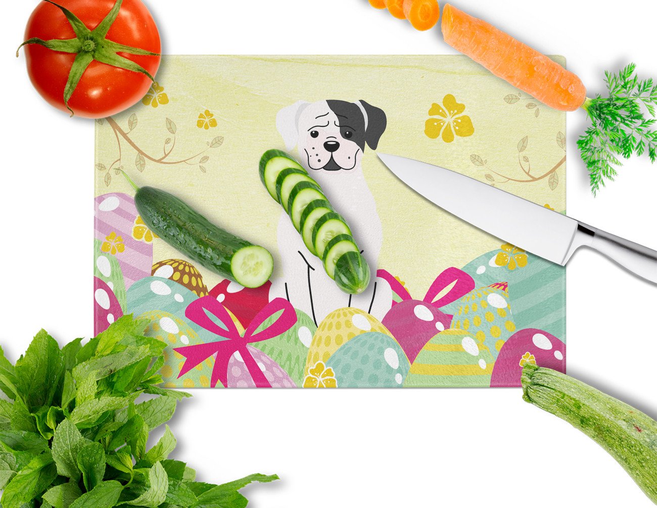 Easter Eggs White Boxer Cooper Cutting Board Tempered Glass Kitchen Cutting Surface, Heat Resistant Chopping, Non-Slip Feet, Food Prep & Serving