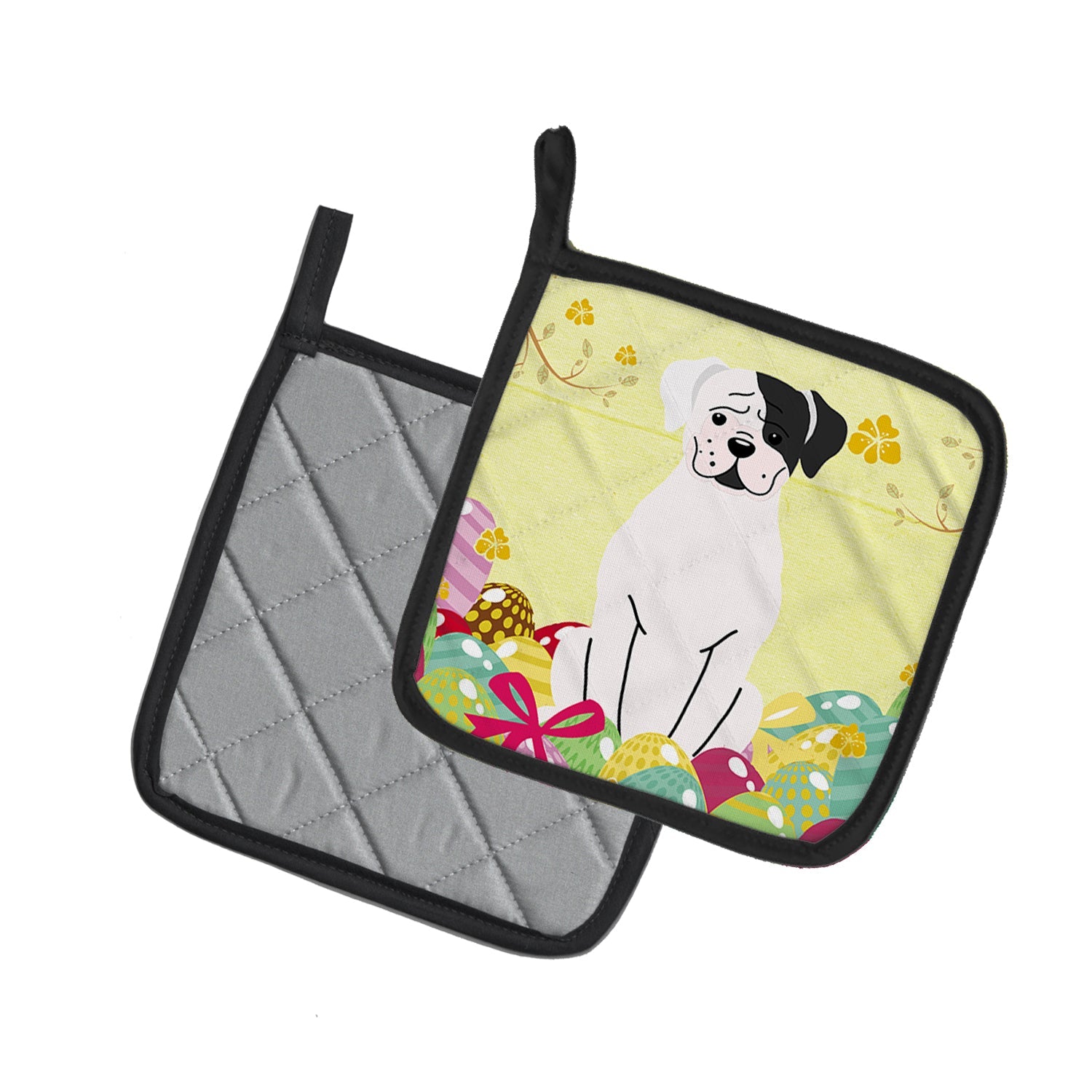 Easter Eggs White Boxer Cooper Pot Holder Set of 2 Heat Resistant Quilted Hot Pads 7.5 x 7.5 Inch, Insulated Kitchen Trivets for Cooking & Baking