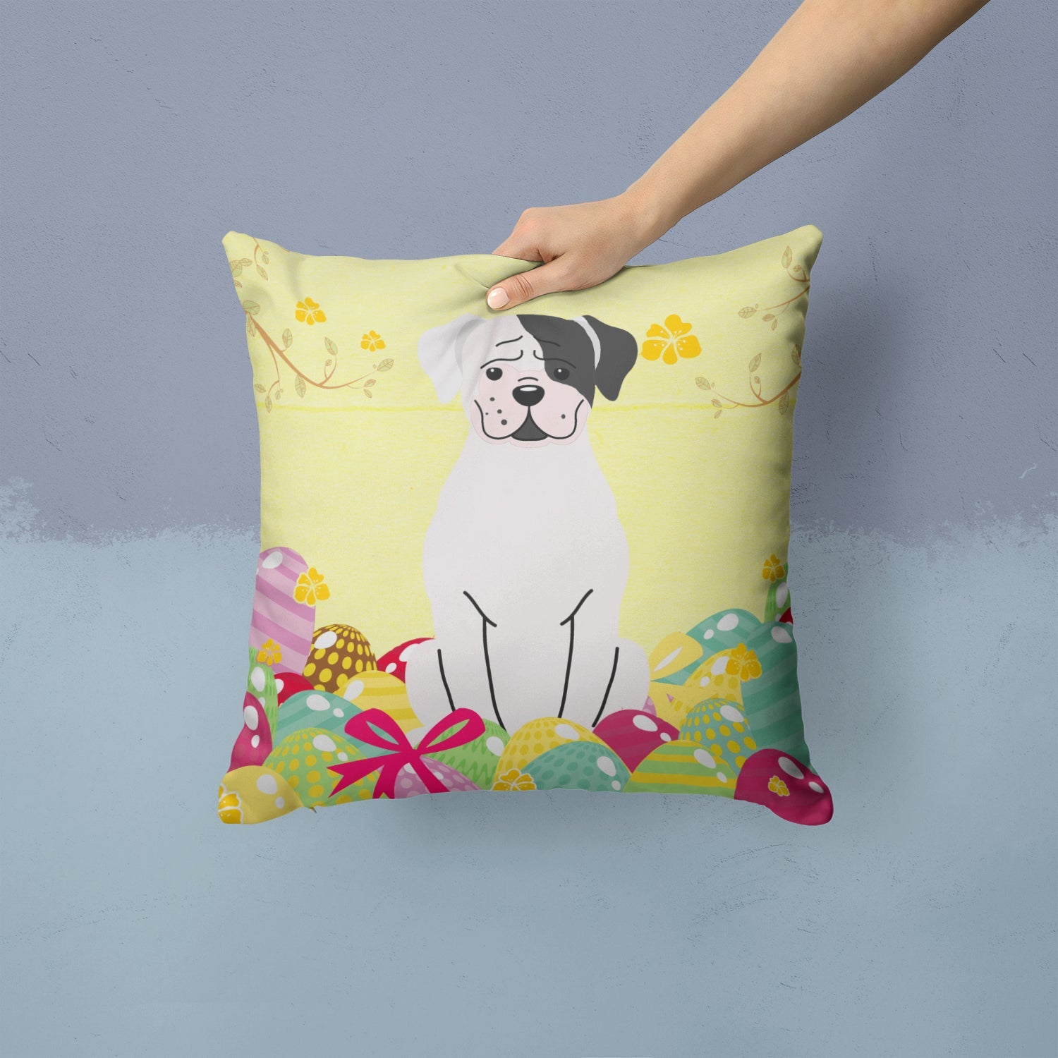 Easter Eggs White Boxer Cooper Decorative Throw Pillow 14x14 Indoor Outdoor Accent Cushion, Fabric Cover with Insert for Sofa, Bed, Porch & Living Room