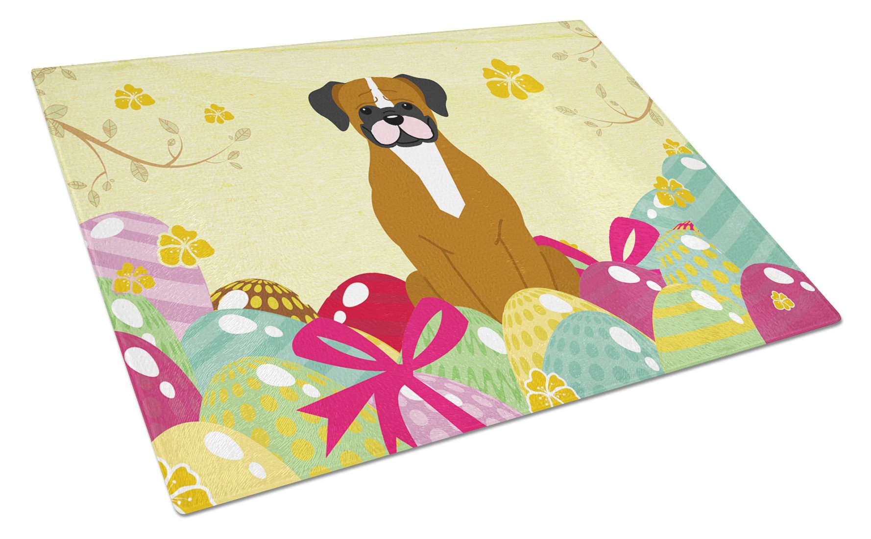 Easter Eggs Flashy Fawn Boxer Cutting Board Tempered Glass Kitchen Cutting Surface, Heat Resistant Chopping, Non-Slip Feet, Food Prep & Serving
