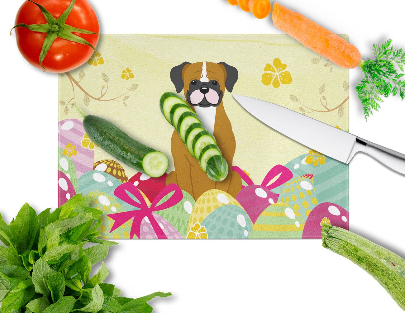 Easter Eggs Flashy Fawn Boxer Cutting Board Tempered Glass Kitchen Cutting Surface, Heat Resistant Chopping, Non-Slip Feet, Food Prep & Serving