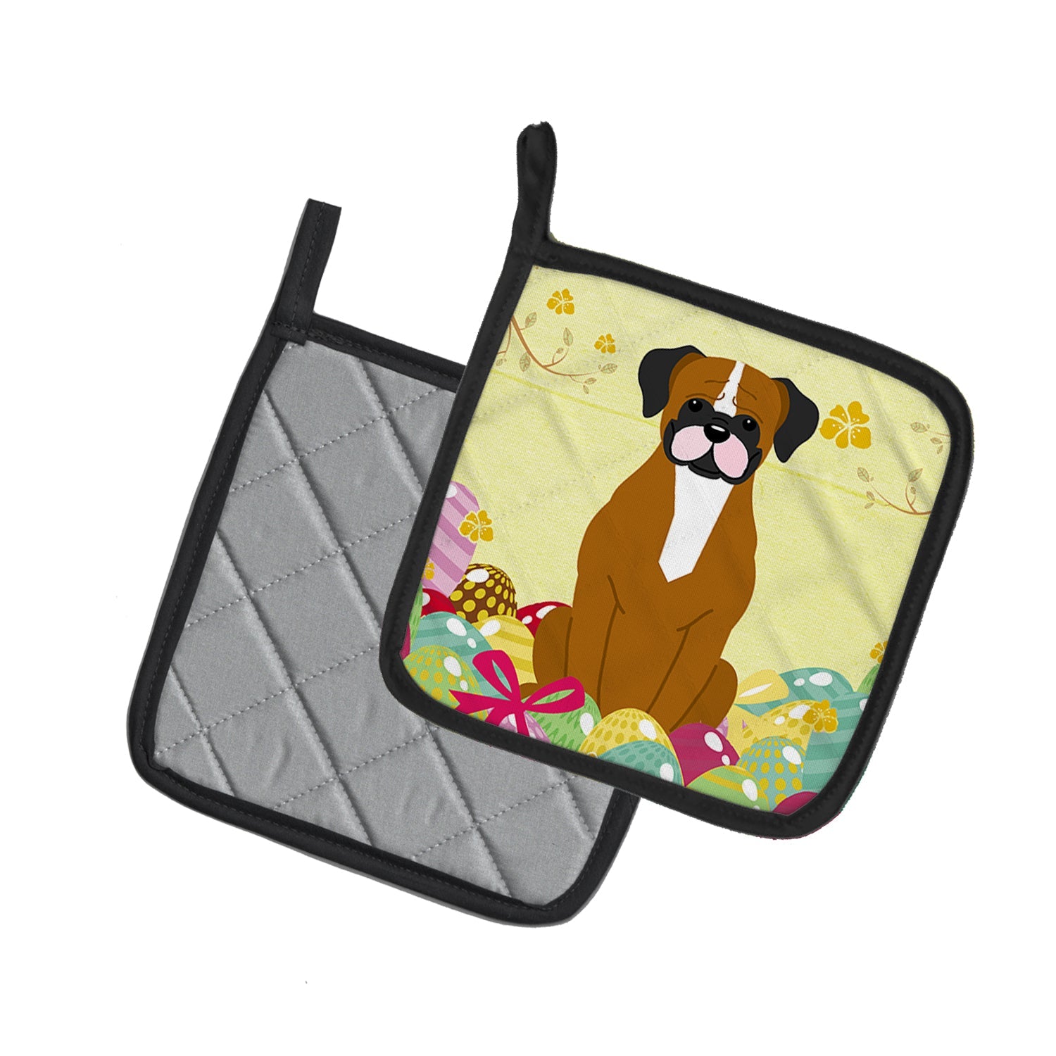 Easter Eggs Flashy Fawn Boxer Pot Holder Set of 2 Heat Resistant Quilted Hot Pads 7.5 x 7.5 Inch, Insulated Kitchen Trivets for Cooking & Baking