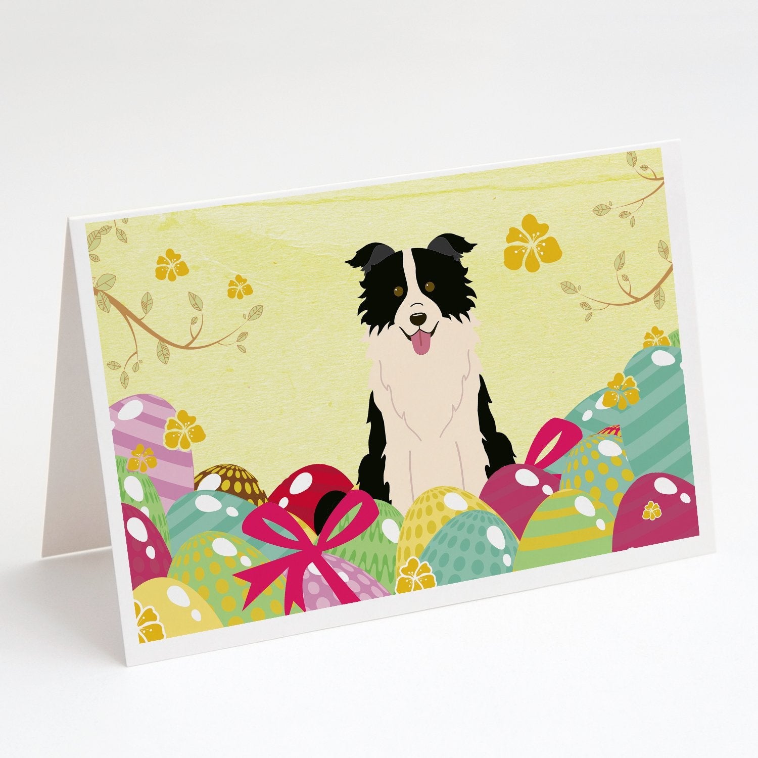 Easter Eggs Border Collie Black White Greeting Cards Pack of 8 Blank Cards with Envelopes Whimsical A7 Size 5x7