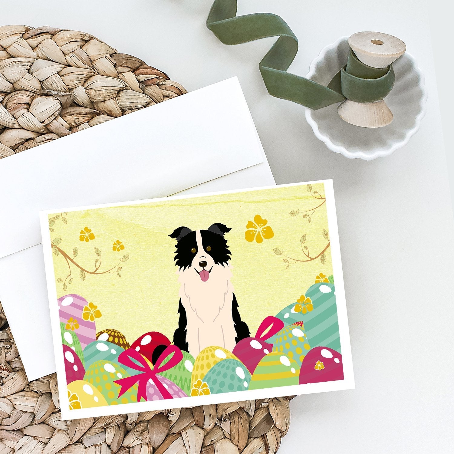 Easter Eggs Border Collie Black White Greeting Cards Pack of 8 Blank Cards with Envelopes Whimsical A7 Size 5x7