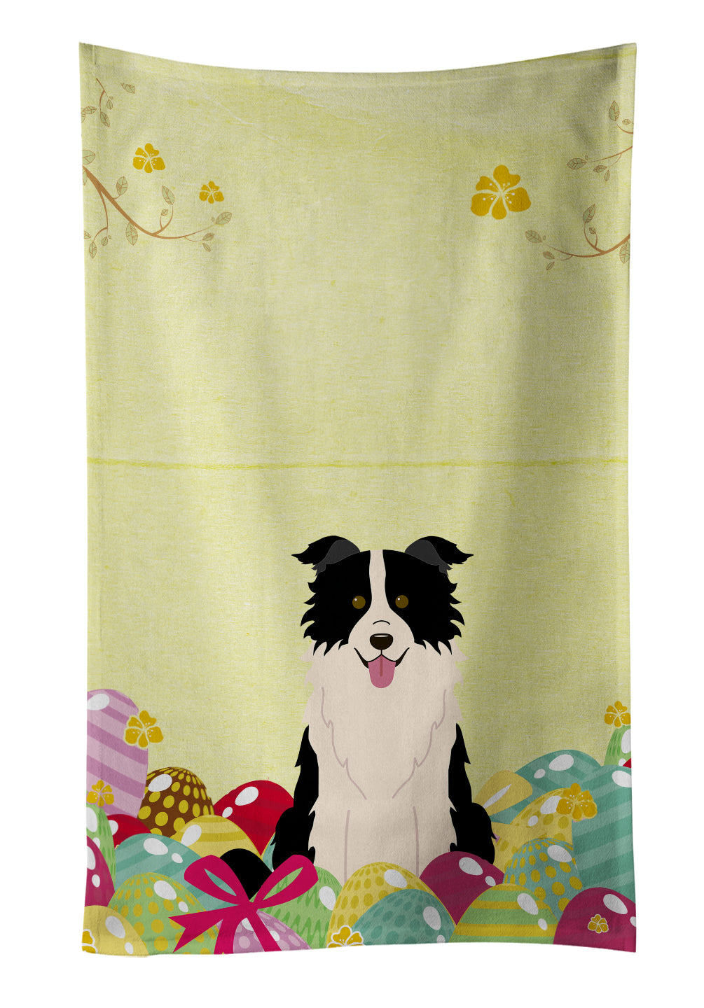 Easter Eggs Border Collie Black White Kitchen Towel Velour Plush Front and Cotton Loop Back Machine Washable